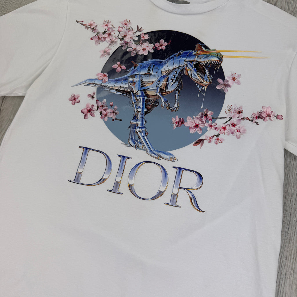 Dior X Sorayama Men’s White Dinosaur Printed T-shirt - Small