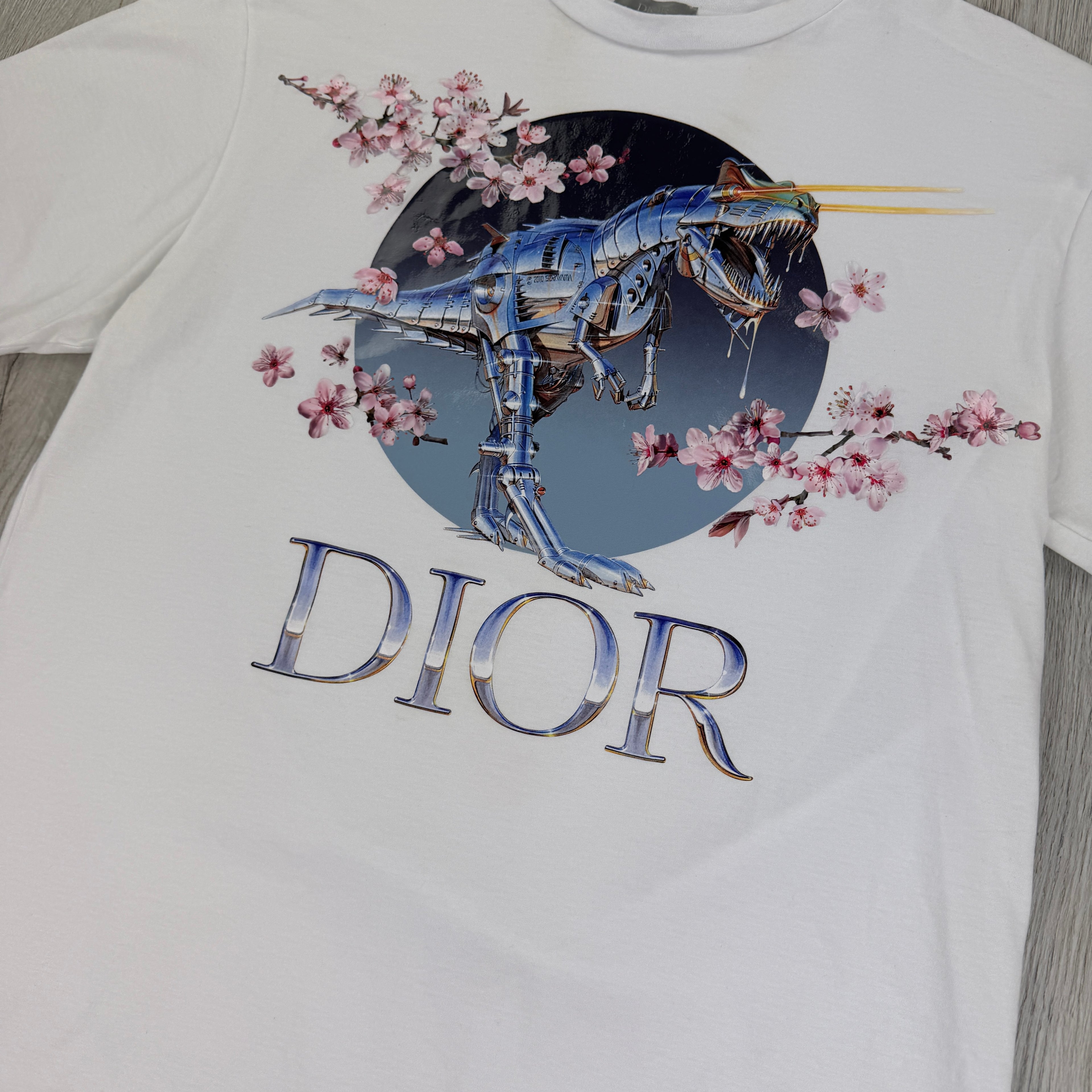Dior X Sorayama Men’s White Dinosaur Printed T-shirt - Small