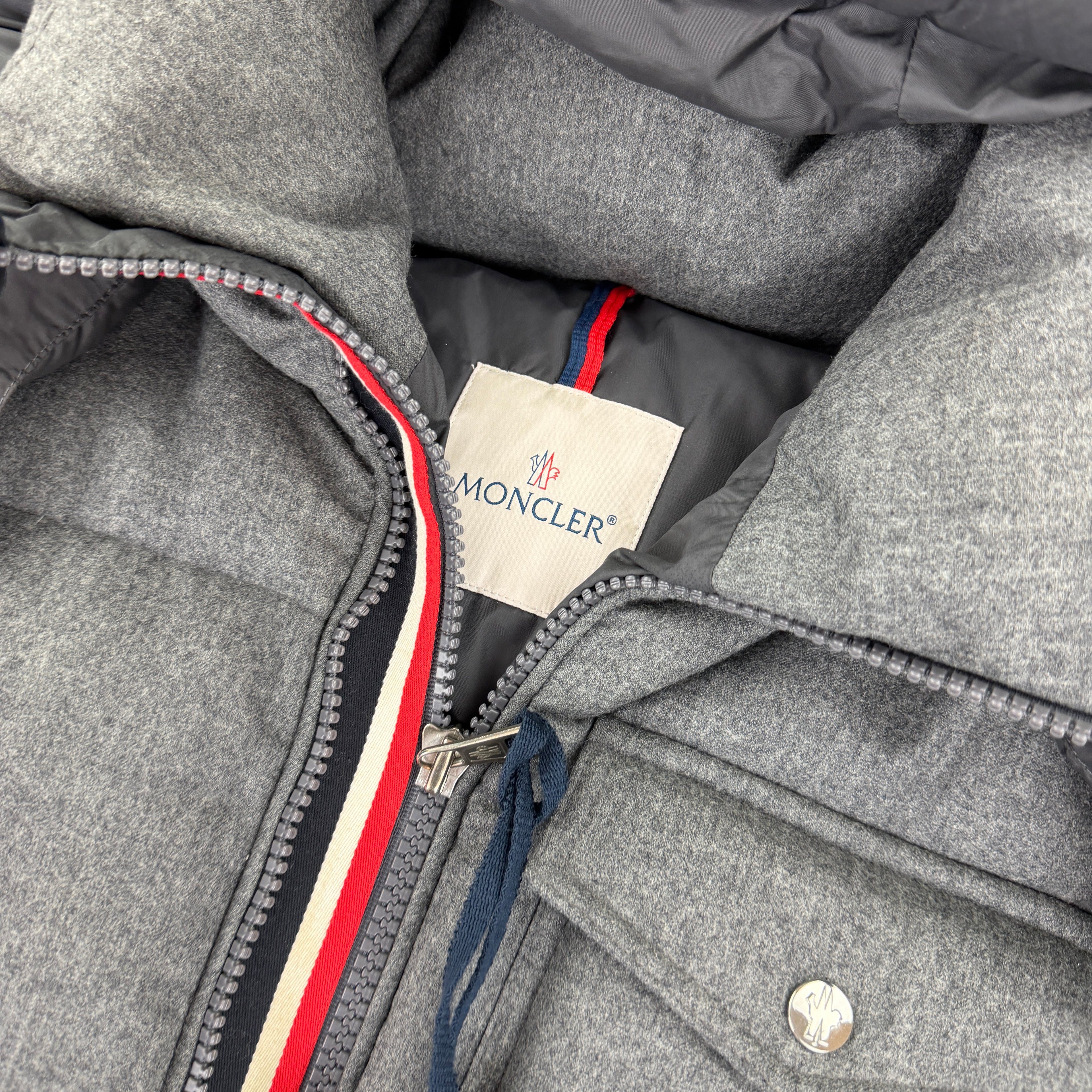 Moncler Men’s Grey Wool Montbeliard Hooded Short Down Jacket - Size 3