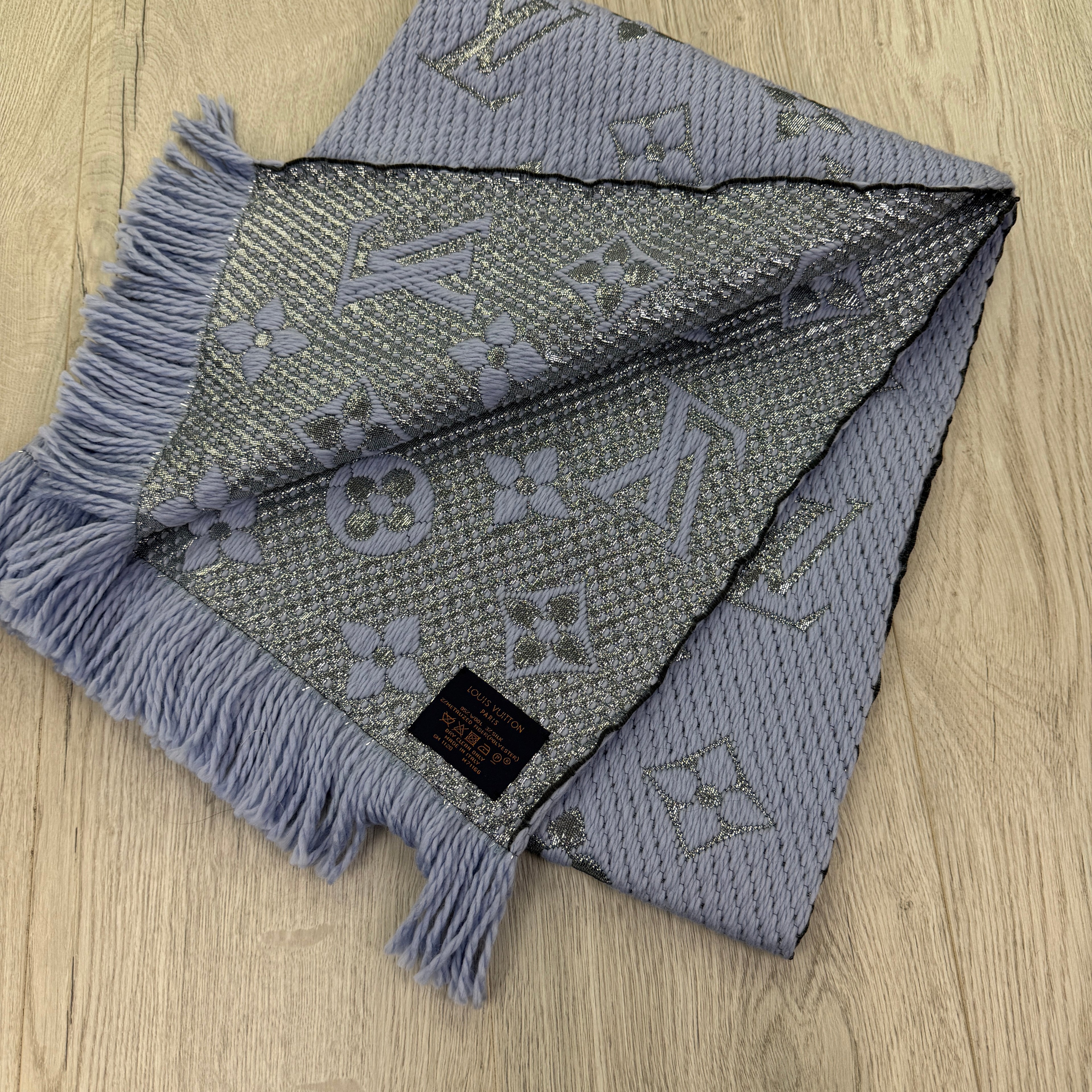 Louis Vuitton Blue / Silver Wool & Silk Monogram Scarf