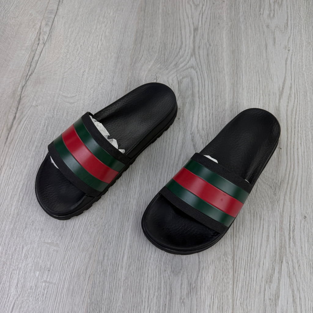 Gucci Men’s Black Web Stripe Sliders - UK 7