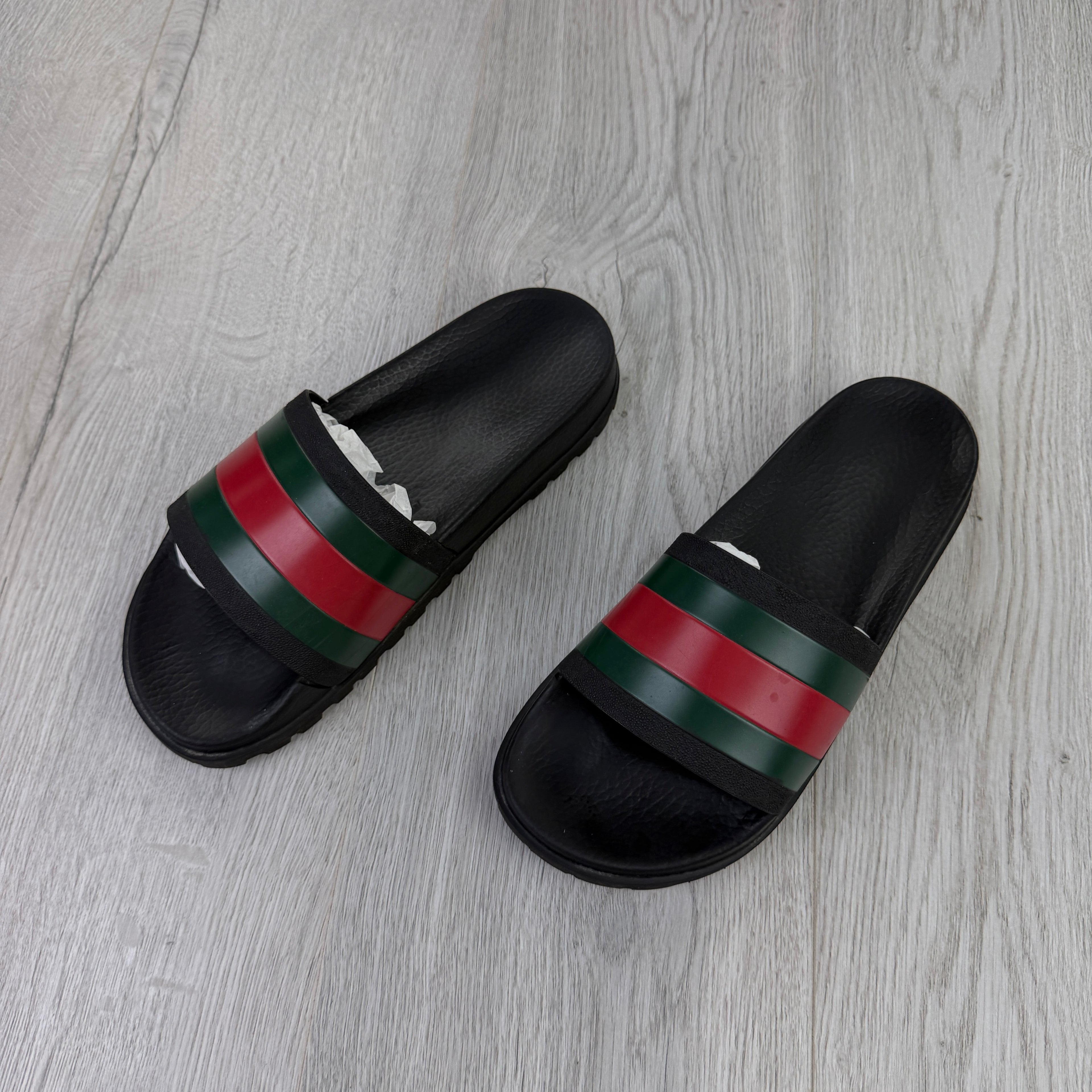 Gucci Men’s Black Web Stripe Sliders - UK 7