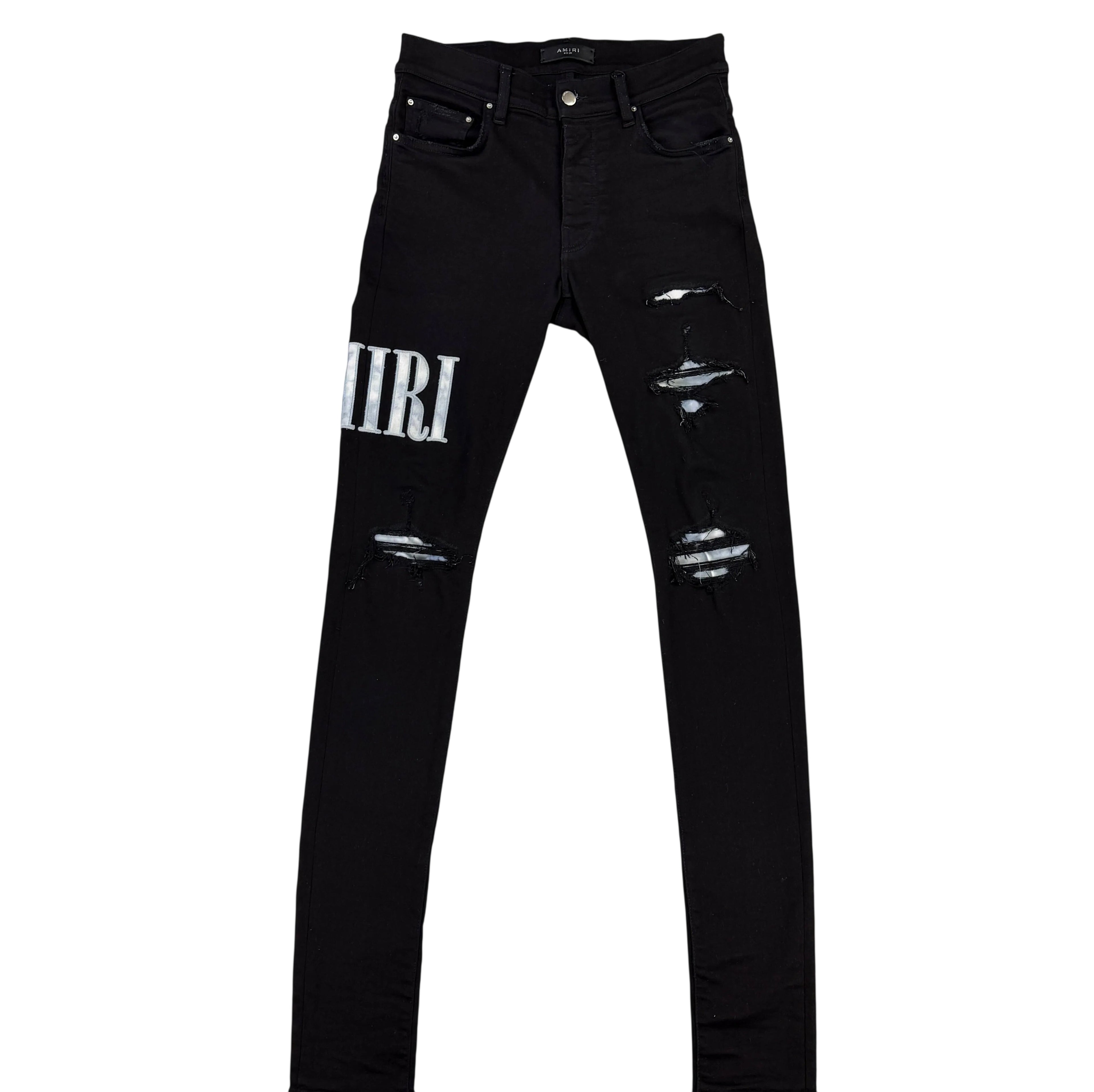 Amiri MX1 Men’s Black Distressed Jeans With Blue Side Logo