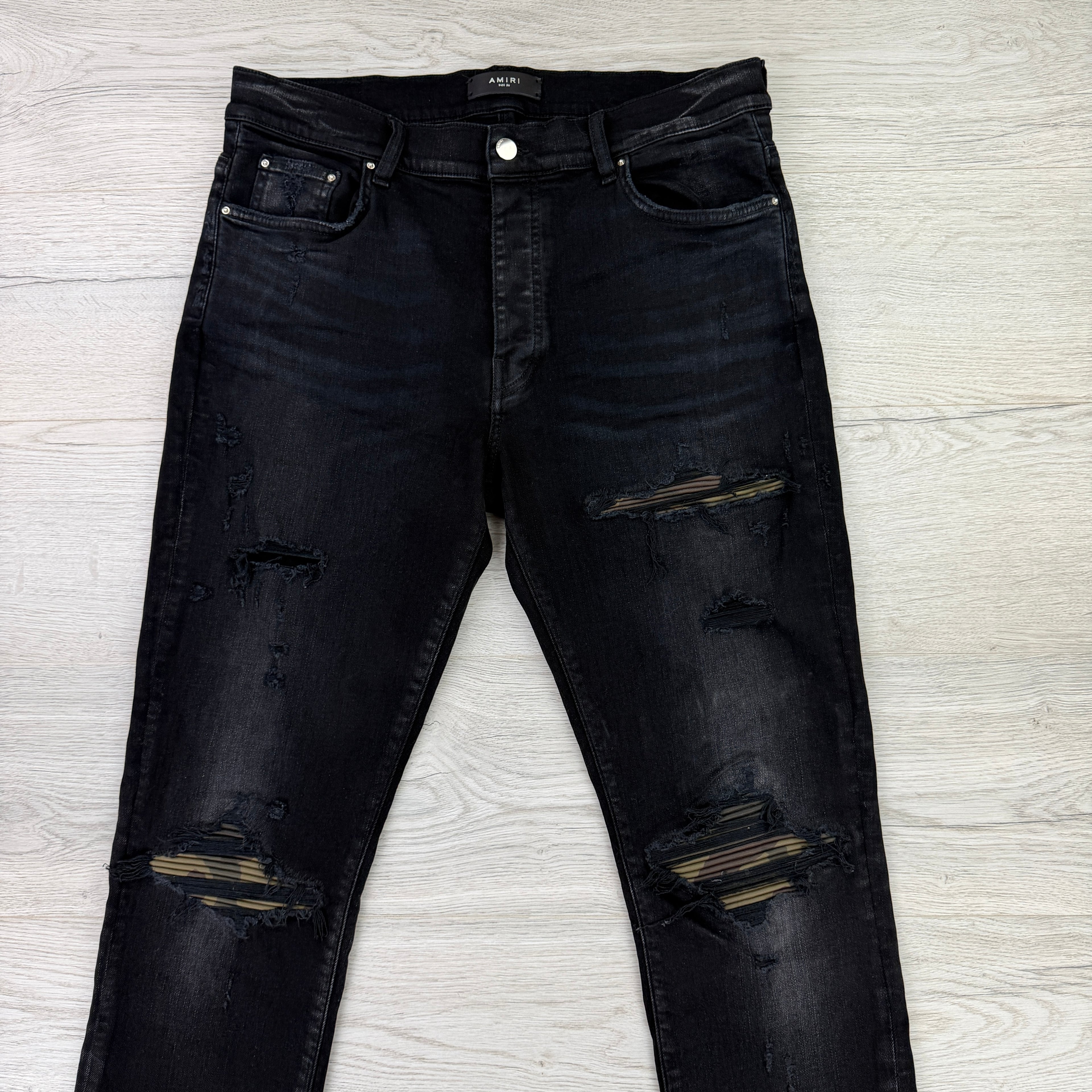 Amiri MX1 Men’s Black Distressed Core Camouflage Applique Jeans - Uk 36