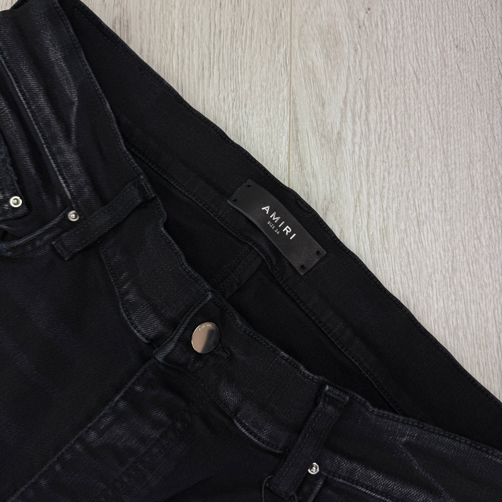 Amiri MX1 Men’s Black Distressed Core Camouflage Applique Jeans