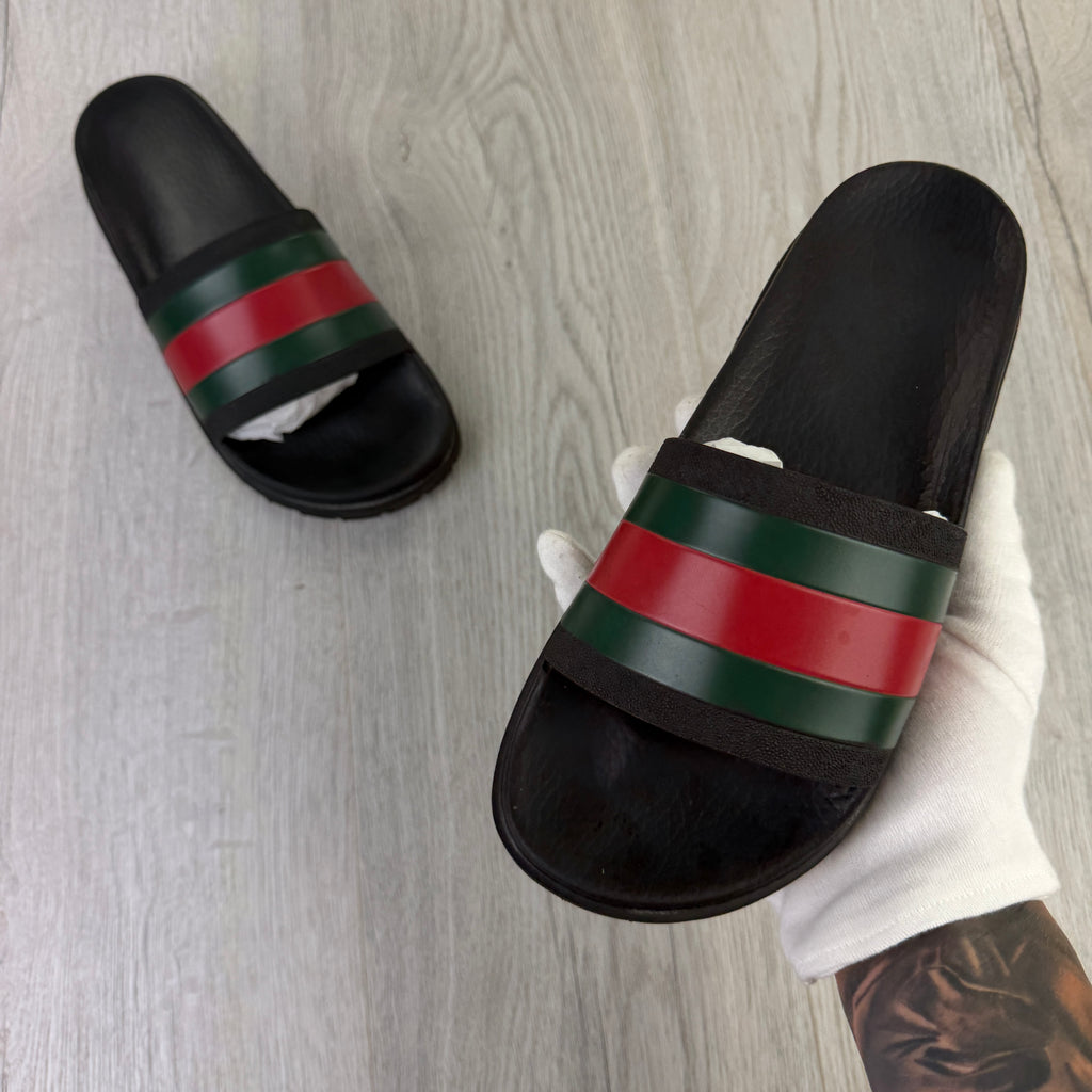 Gucci Men’s Black Web Stripe Sliders - UK 7