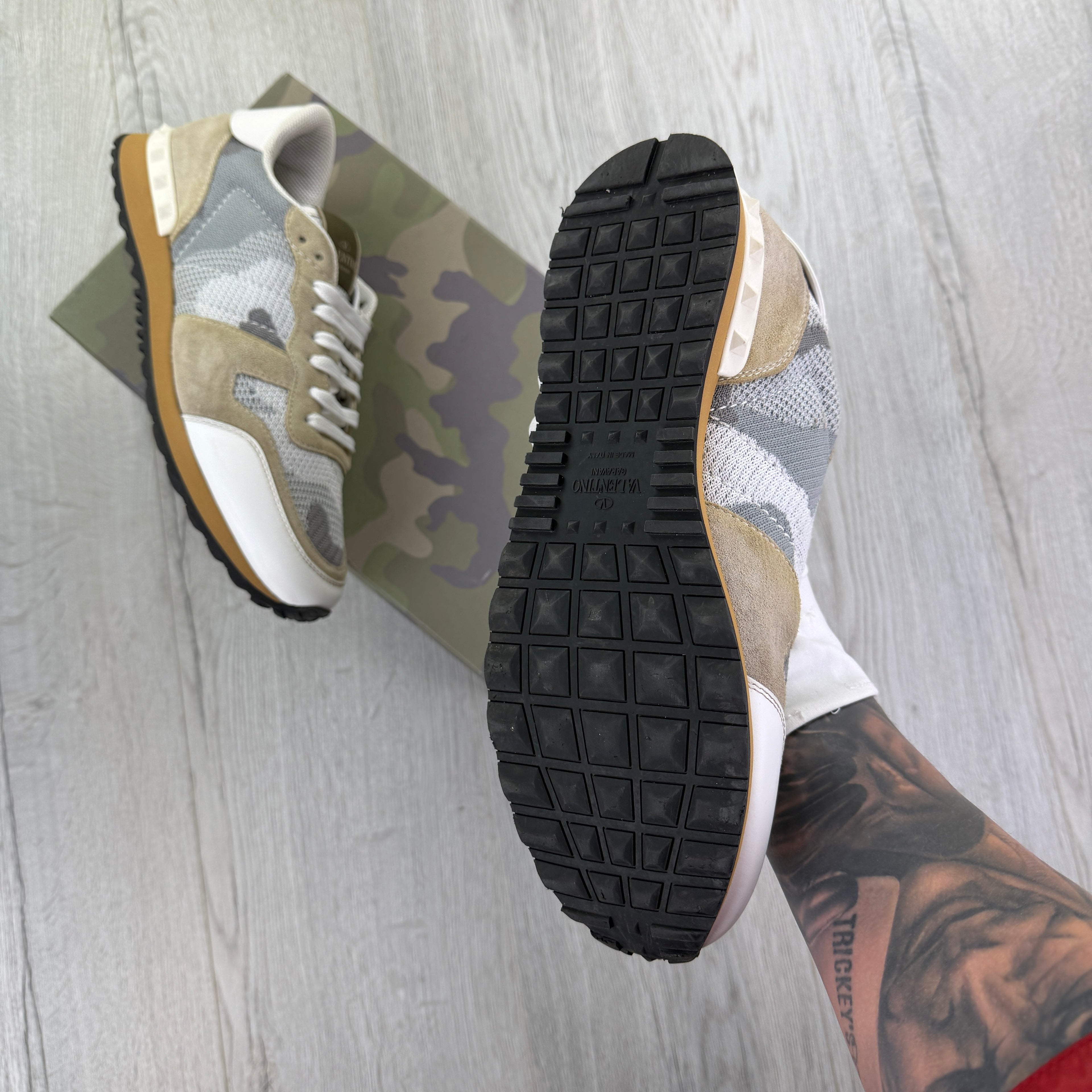 Valentino Men’s Beige & White Camo Mesh Rockrunner Trainers - UK 8