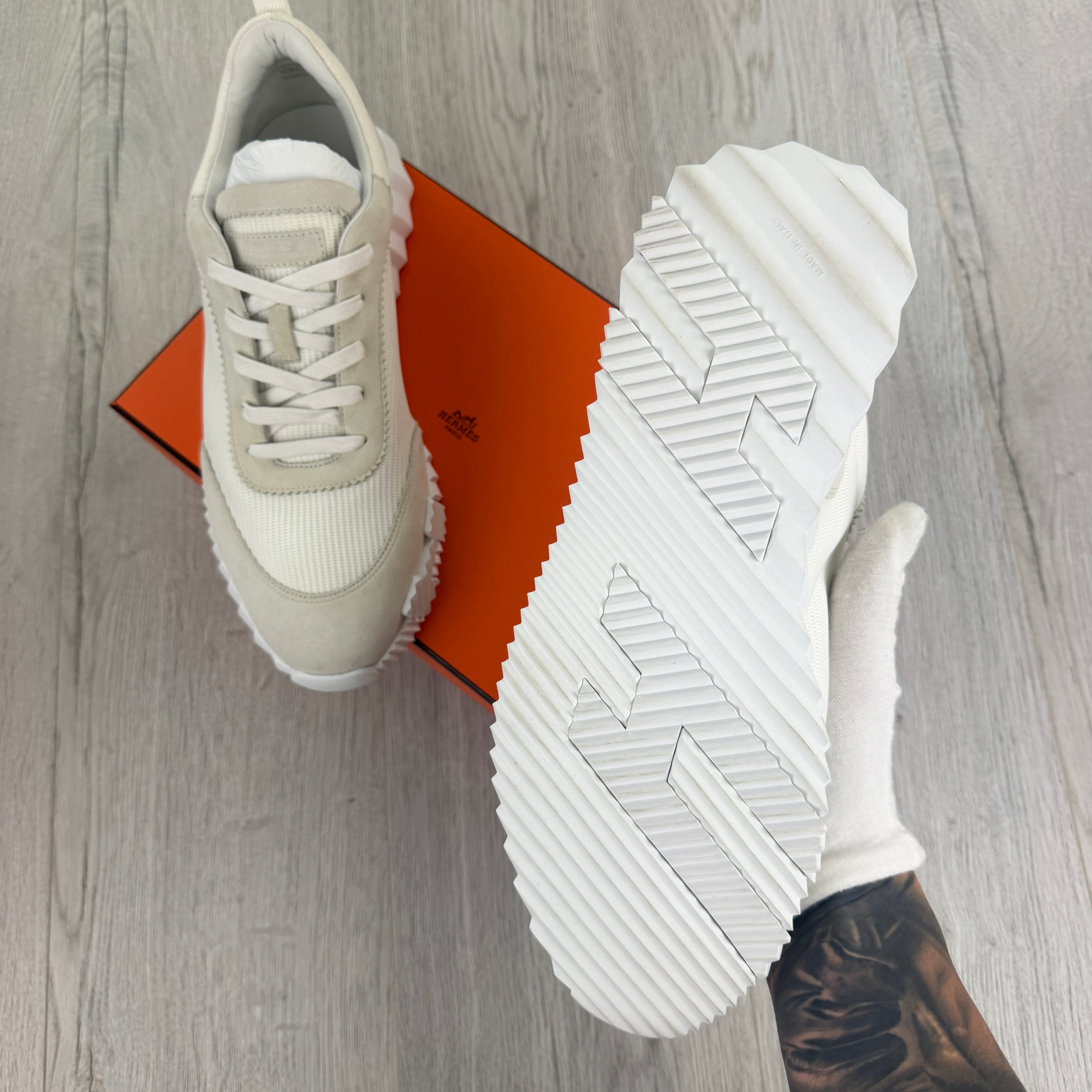 Hermes Men’s All White Bouncing Sneakers - 44 (Fit Uk 10)