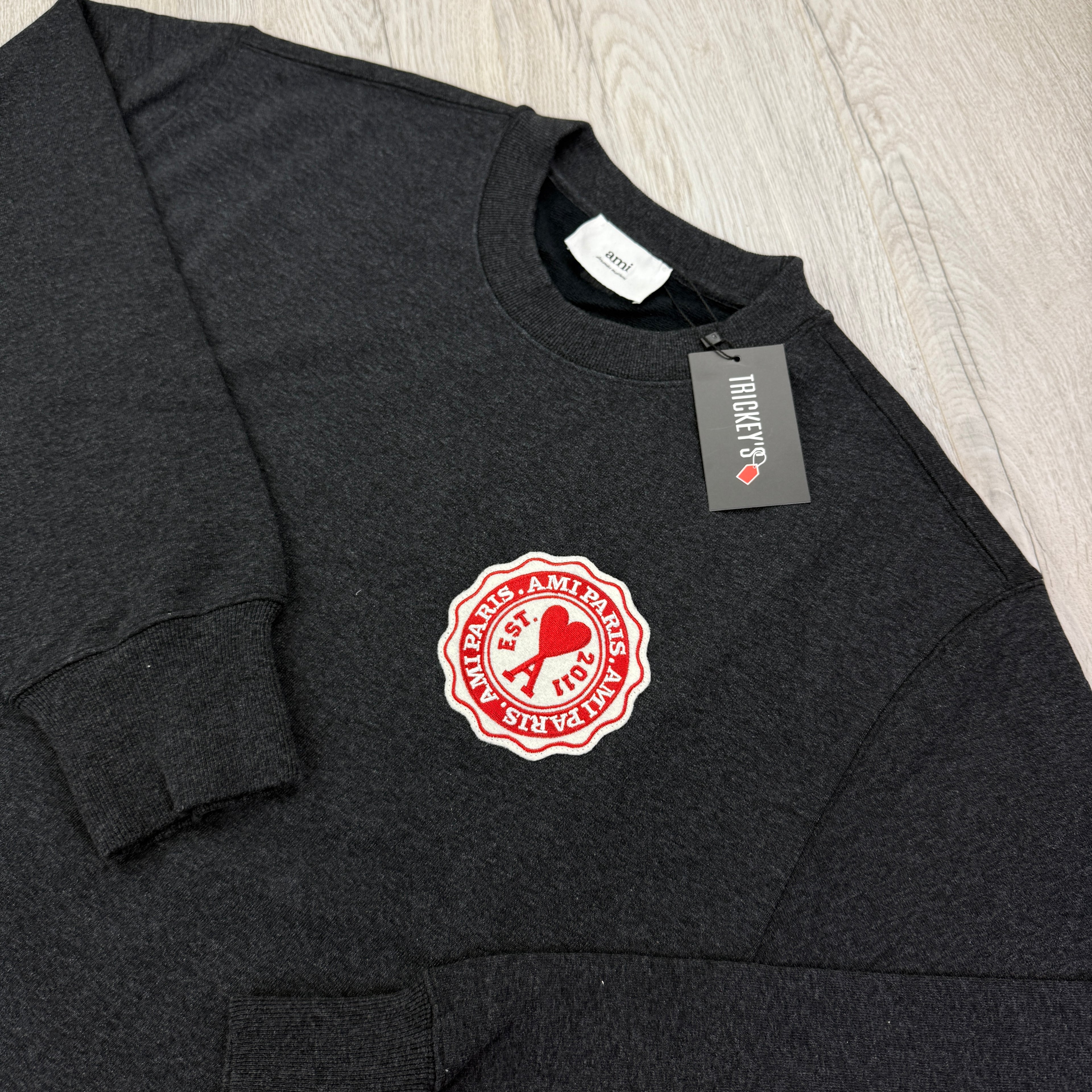 Ami Paris Men’s Dark Grey Crewneck Jumper - Medium