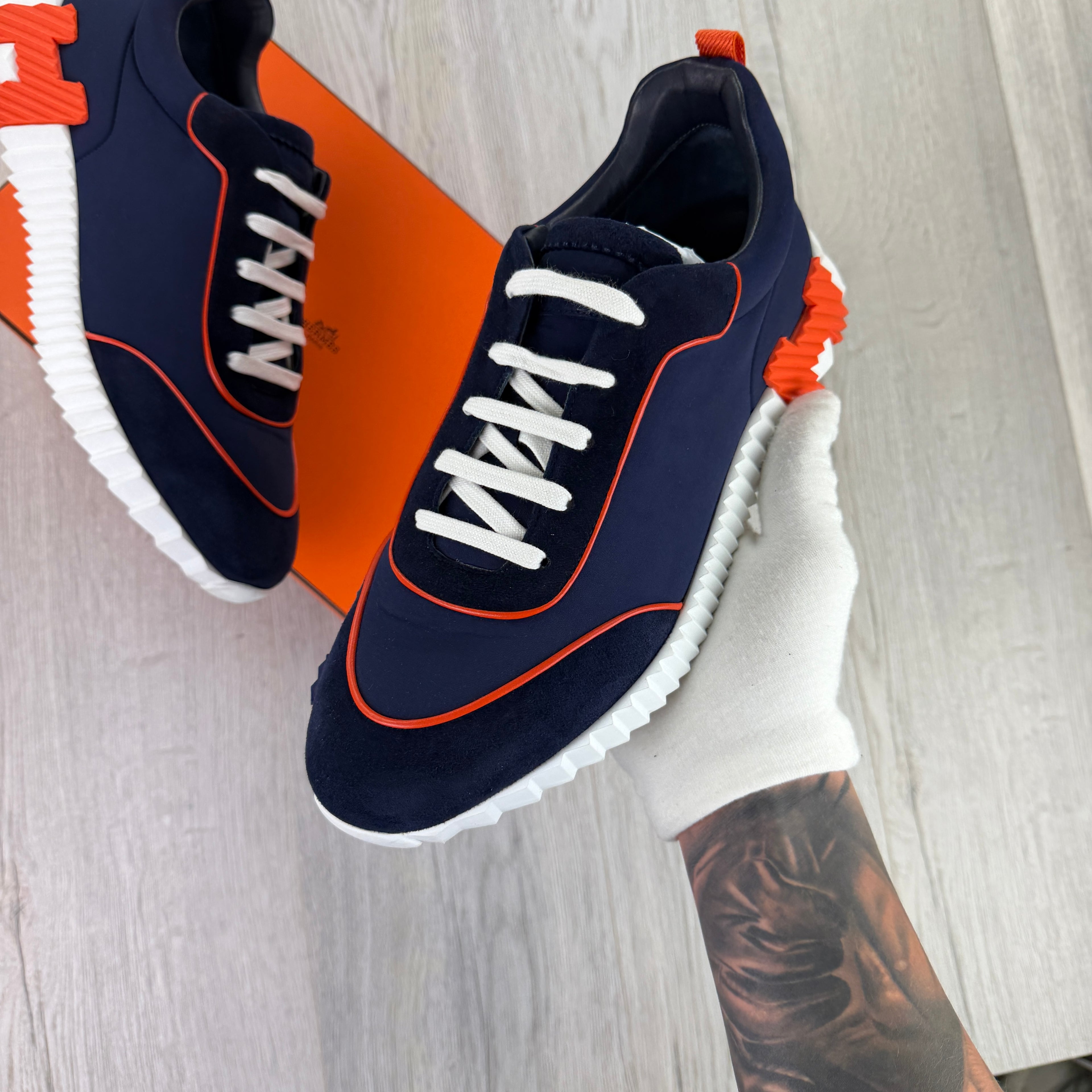Hermes Men’s Navy Orange Bouncing Sneakers - 45 (Fit Uk 11)