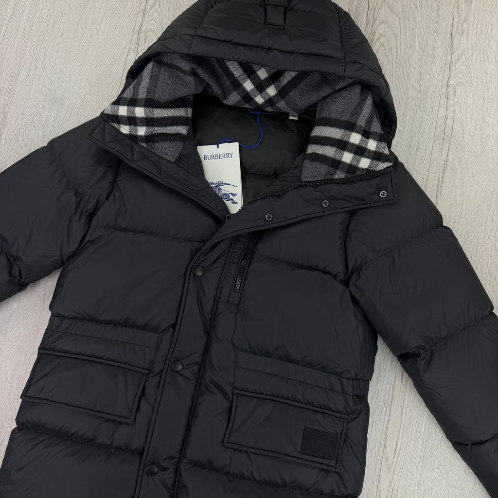 Burberry Men’s Haworth Hooded Check Black Down Jacket - Small (Fit Medium)