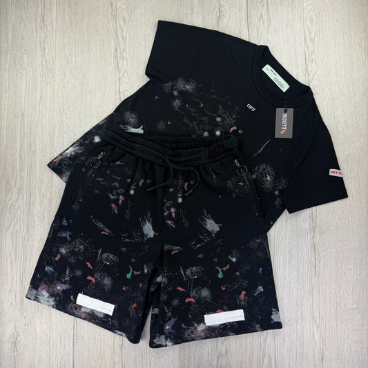 Off White Men’s Black Distressed / Paint Splatter T-shirt & Shorts Set - L/XL