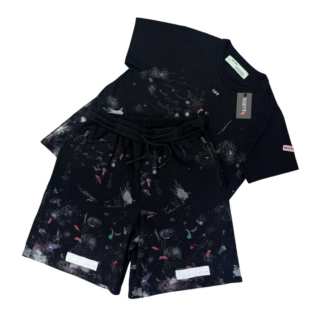 Off White Men’s Black Distressed / Paint Splatter T-shirt & Shorts Set - L/XL