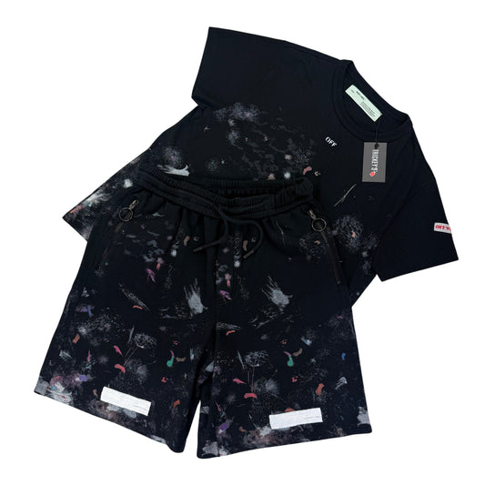 Off White Men’s Black Distressed / Paint Splatter T-shirt & Shorts Set - L/XL