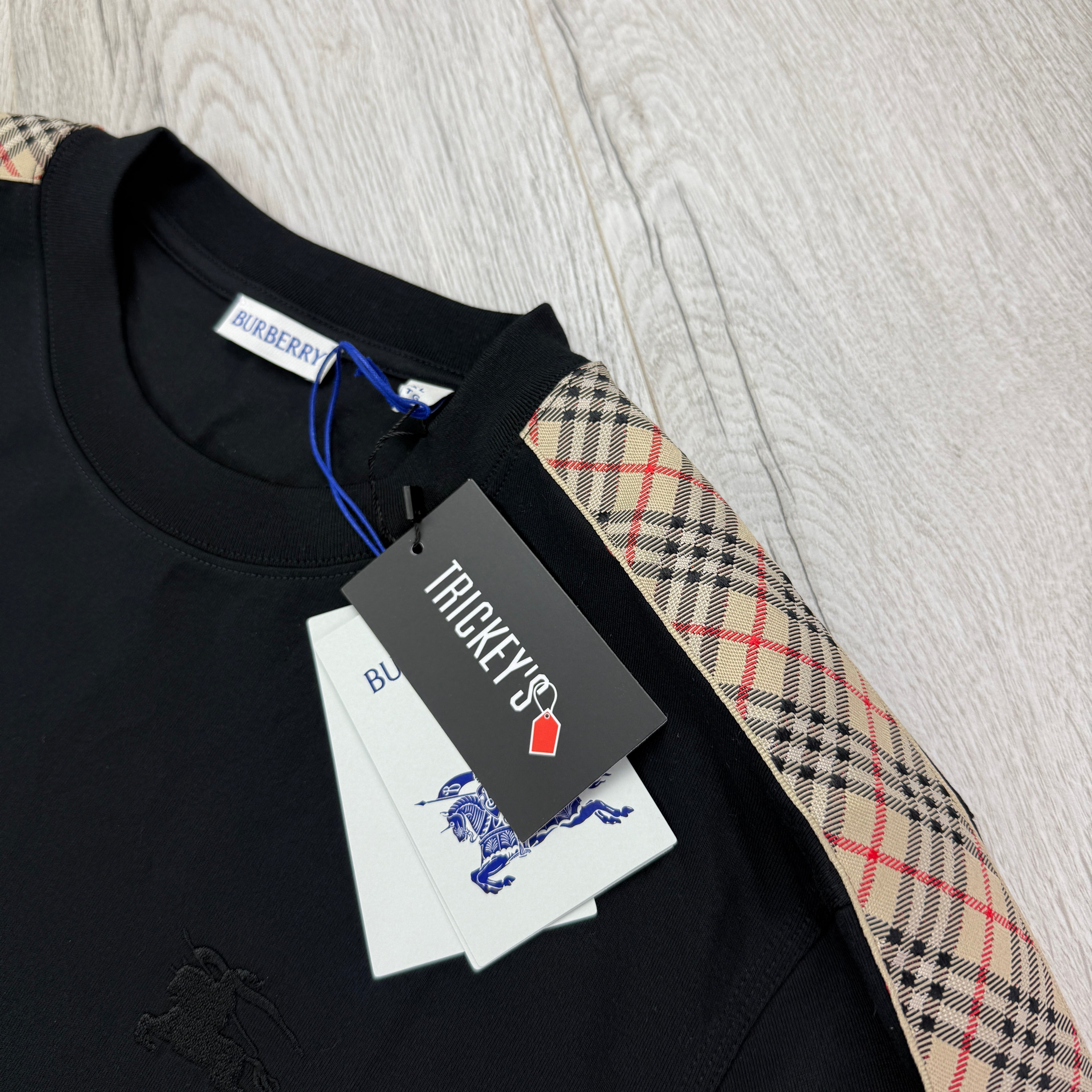 Burberry Men’s Black Check Trim Cotton T-shirt - XL