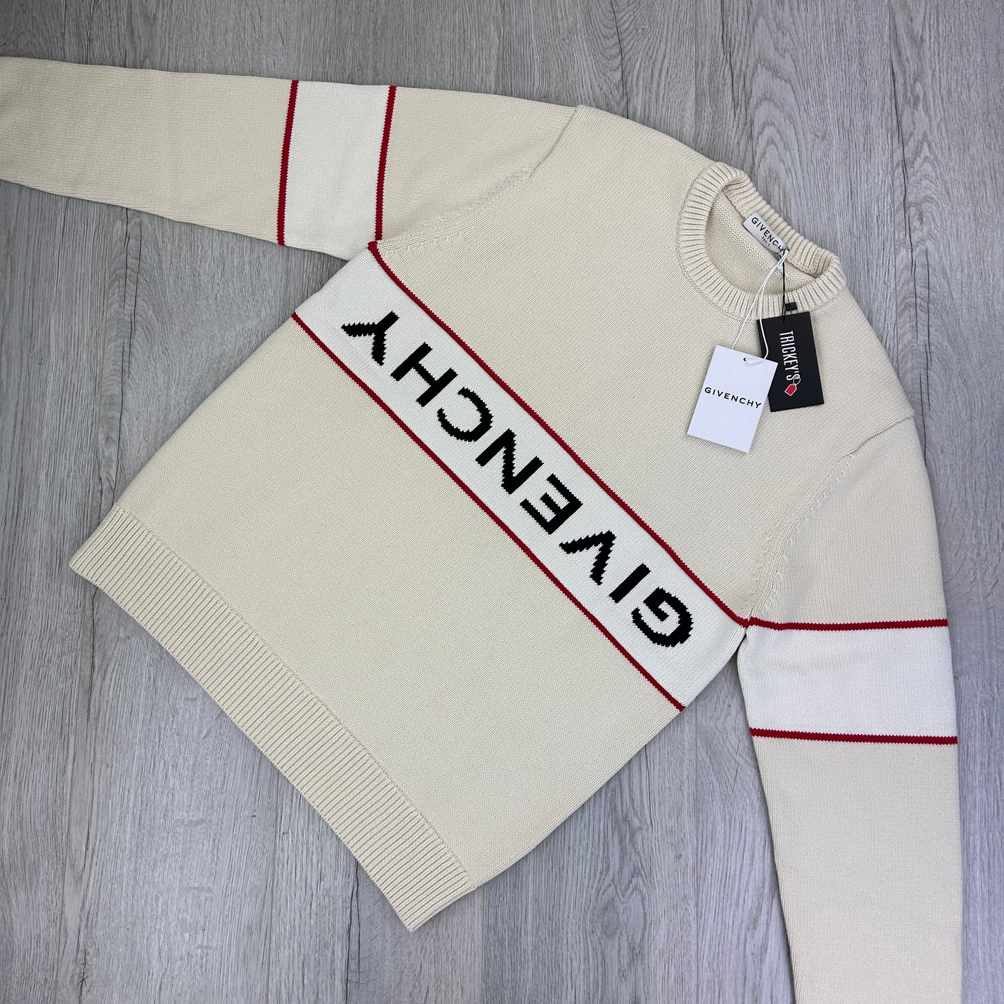 Givenchy Men’s Beige Stripe Logo Knitted Crewneck Jumper
