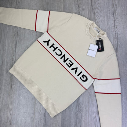 Givenchy Men’s Beige Stripe Logo Knitted Crewneck Jumper