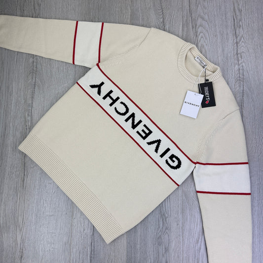 Givenchy Men’s Beige Stripe Logo Knitted Crewneck Jumper