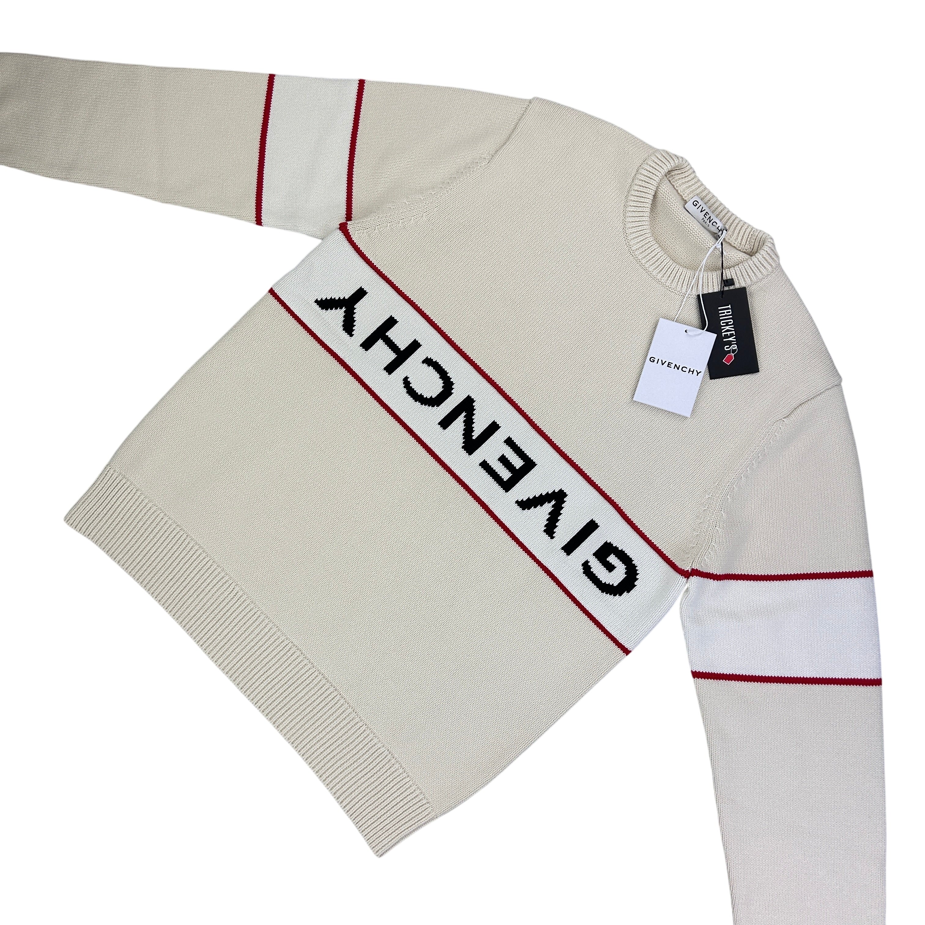Givenchy Men’s Beige Stripe Logo Knitted Crewneck Jumper