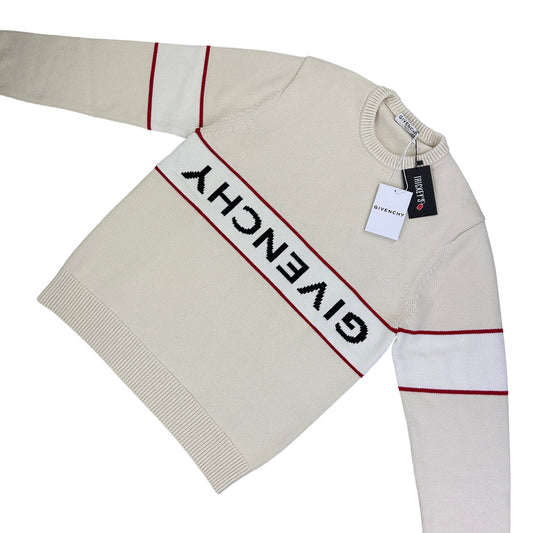 Givenchy Men’s Beige Stripe Logo Knitted Crewneck Jumper