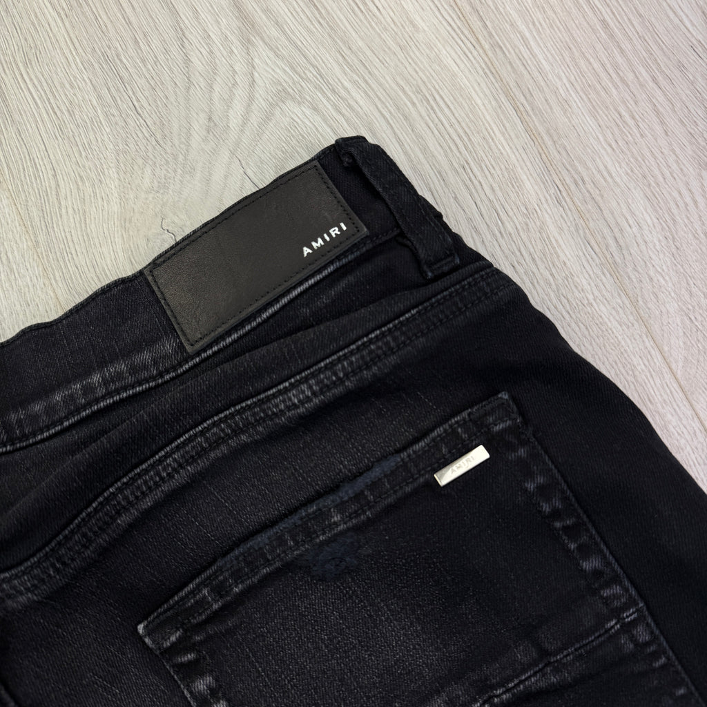 Amiri MX1 Men’s Black Distressed Core Camouflage Applique Jeans