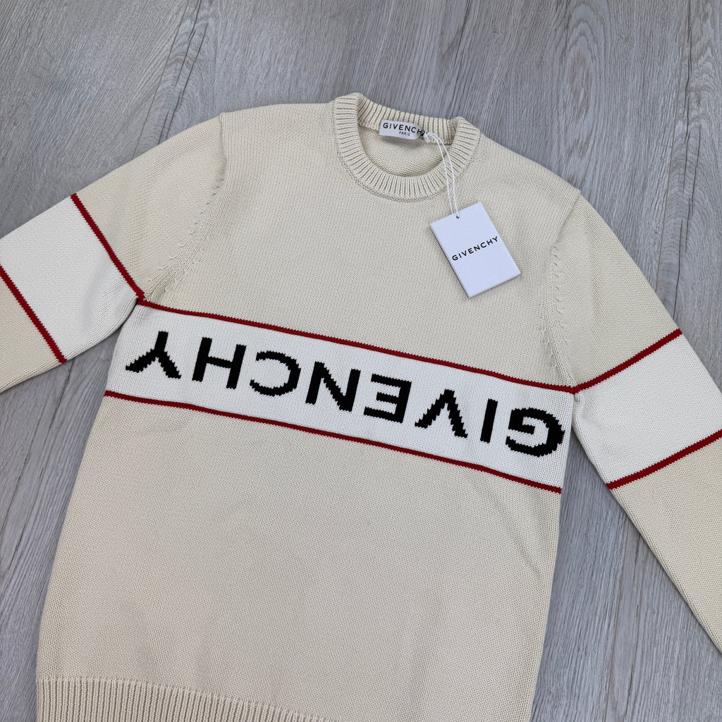 Givenchy Men’s Beige Stripe Logo Knitted Crewneck Jumper
