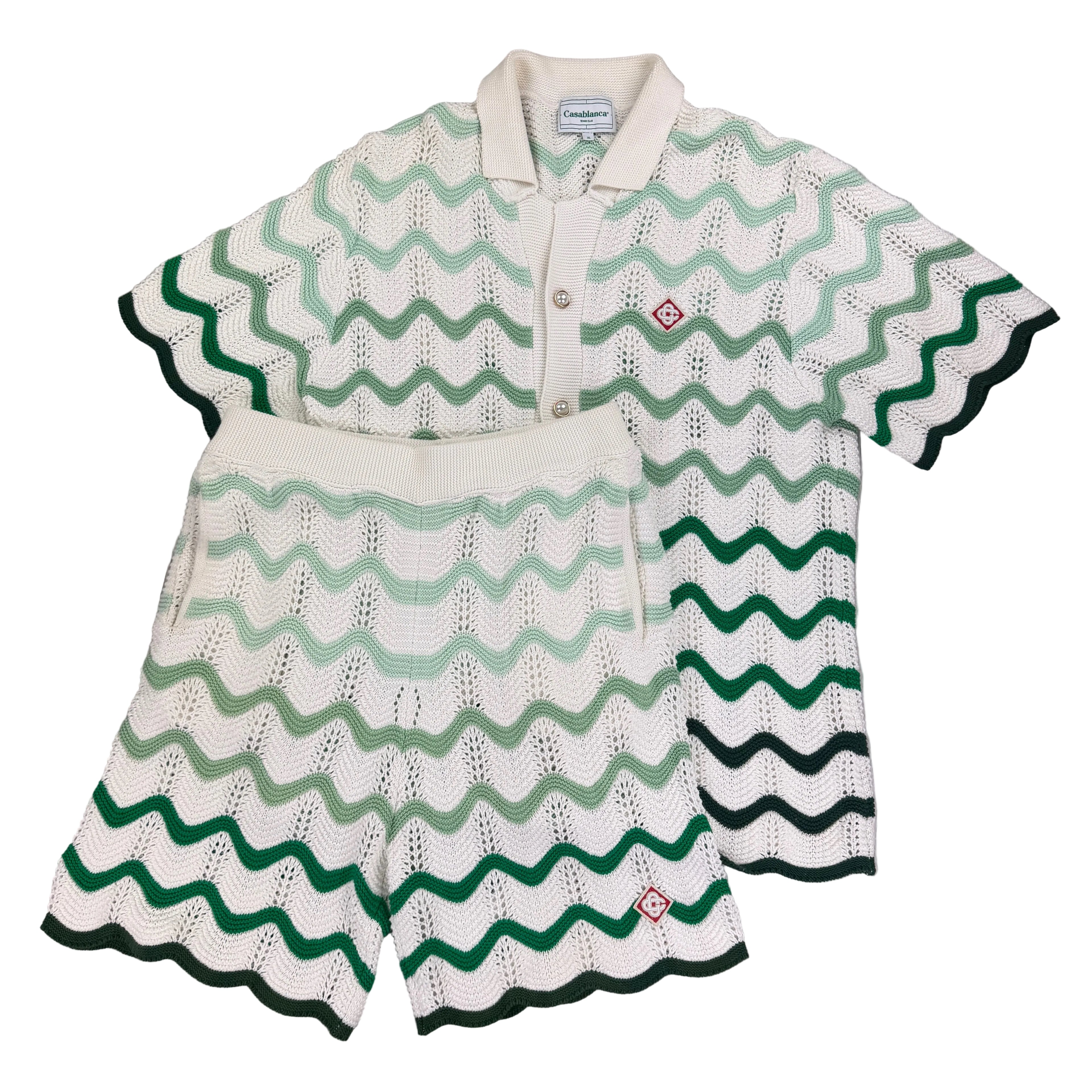 Casablanca Men’s Tennis Stripe Crochet Short Sleeve Shirt & Shorts Set - XL