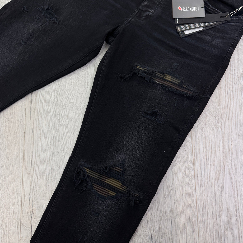 Amiri MX1 Men’s Black Distressed Core Camouflage Applique Jeans