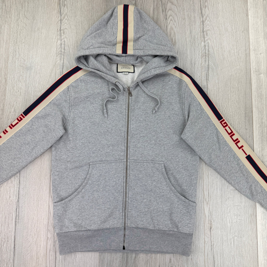 Gucci Men’s Grey Pullover Stripe Logo Sleeve Hoodie - Large