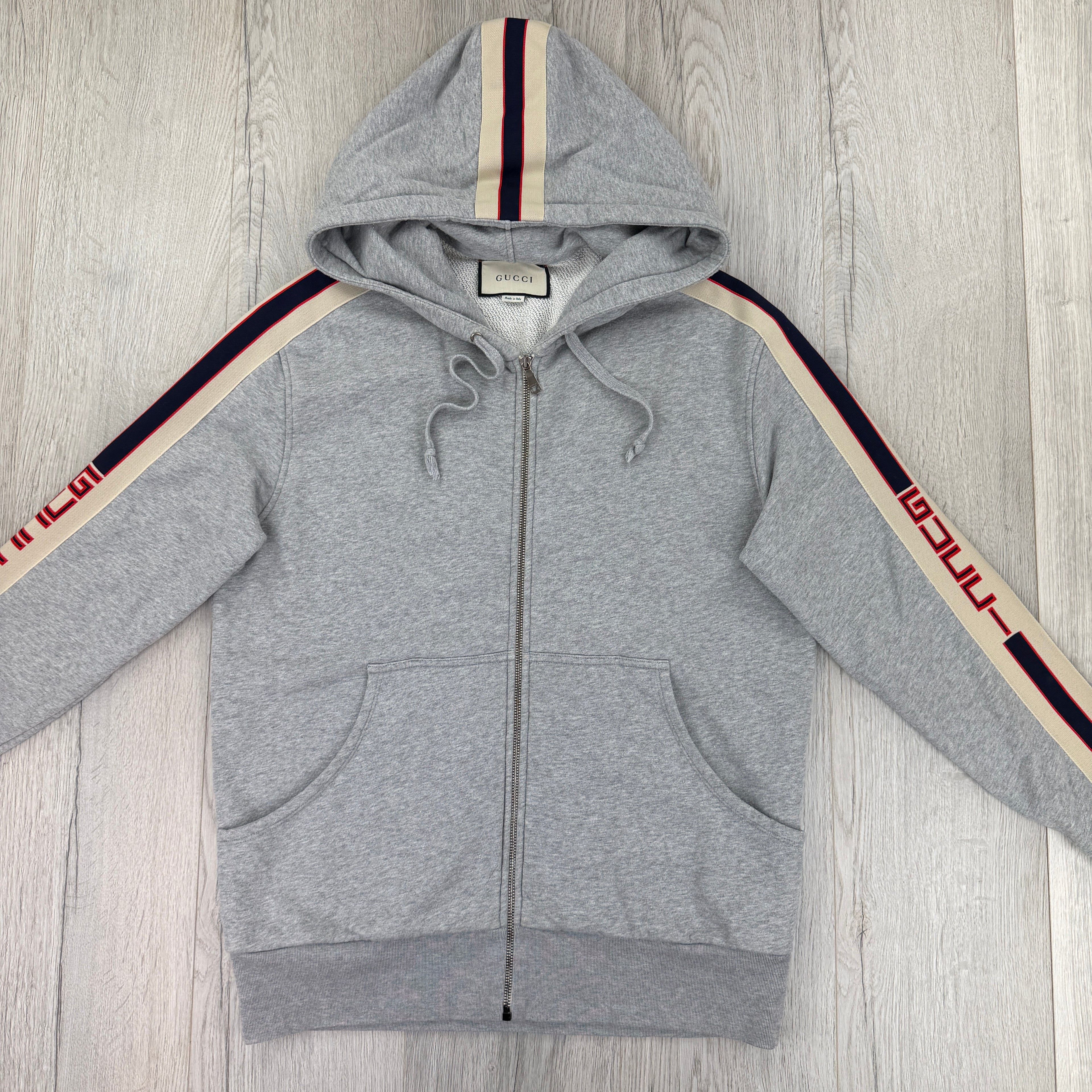 Gucci Men’s Grey Pullover Stripe Logo Sleeve Hoodie - Large