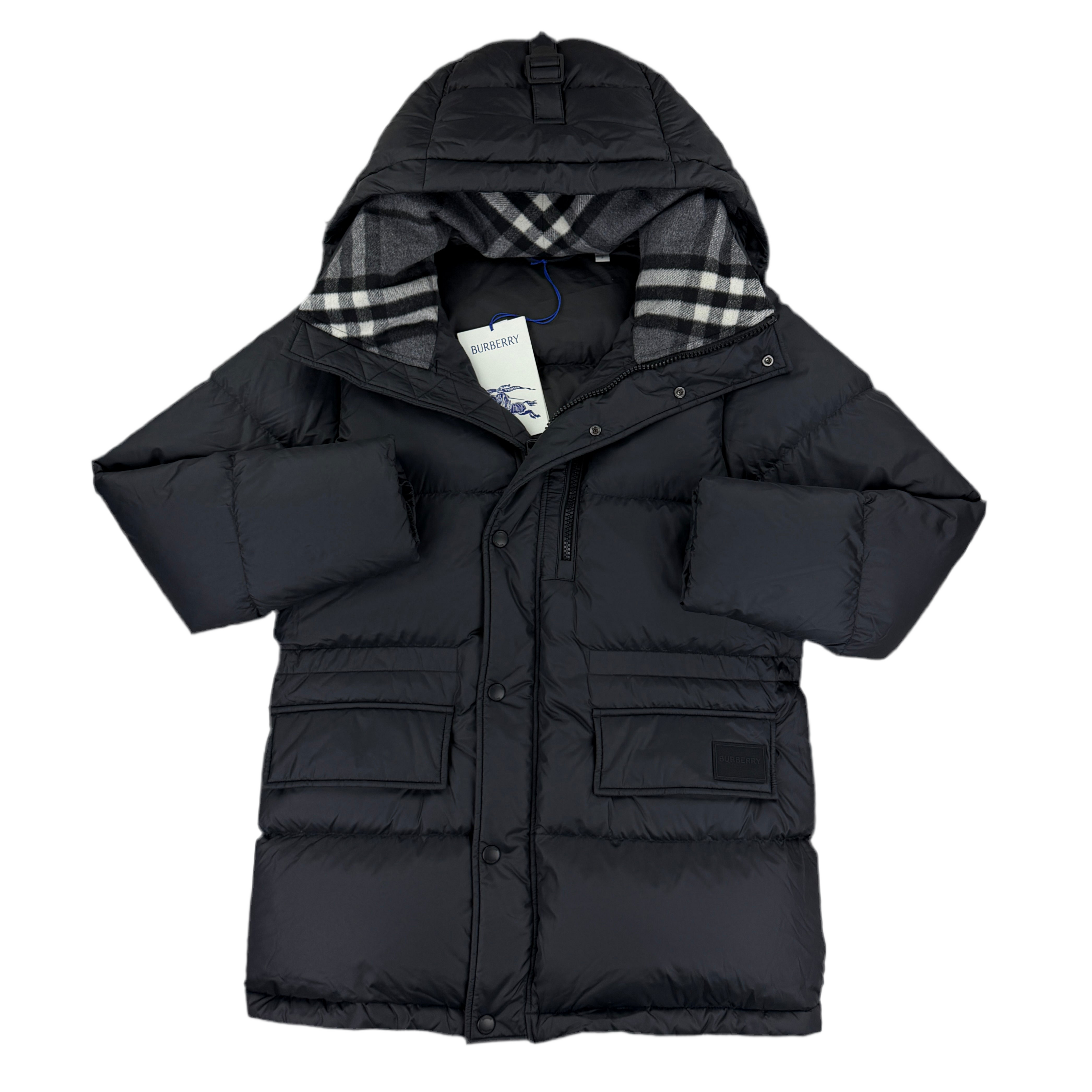 Burberry Men’s Haworth Hooded Check Black Down Jacket - Small (Fit Medium)