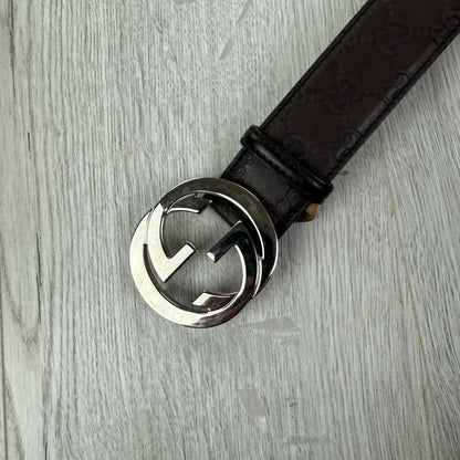 Gucci Web Interlock GG Silver Buckle Belt - 95 (Fit Uk 30-34)