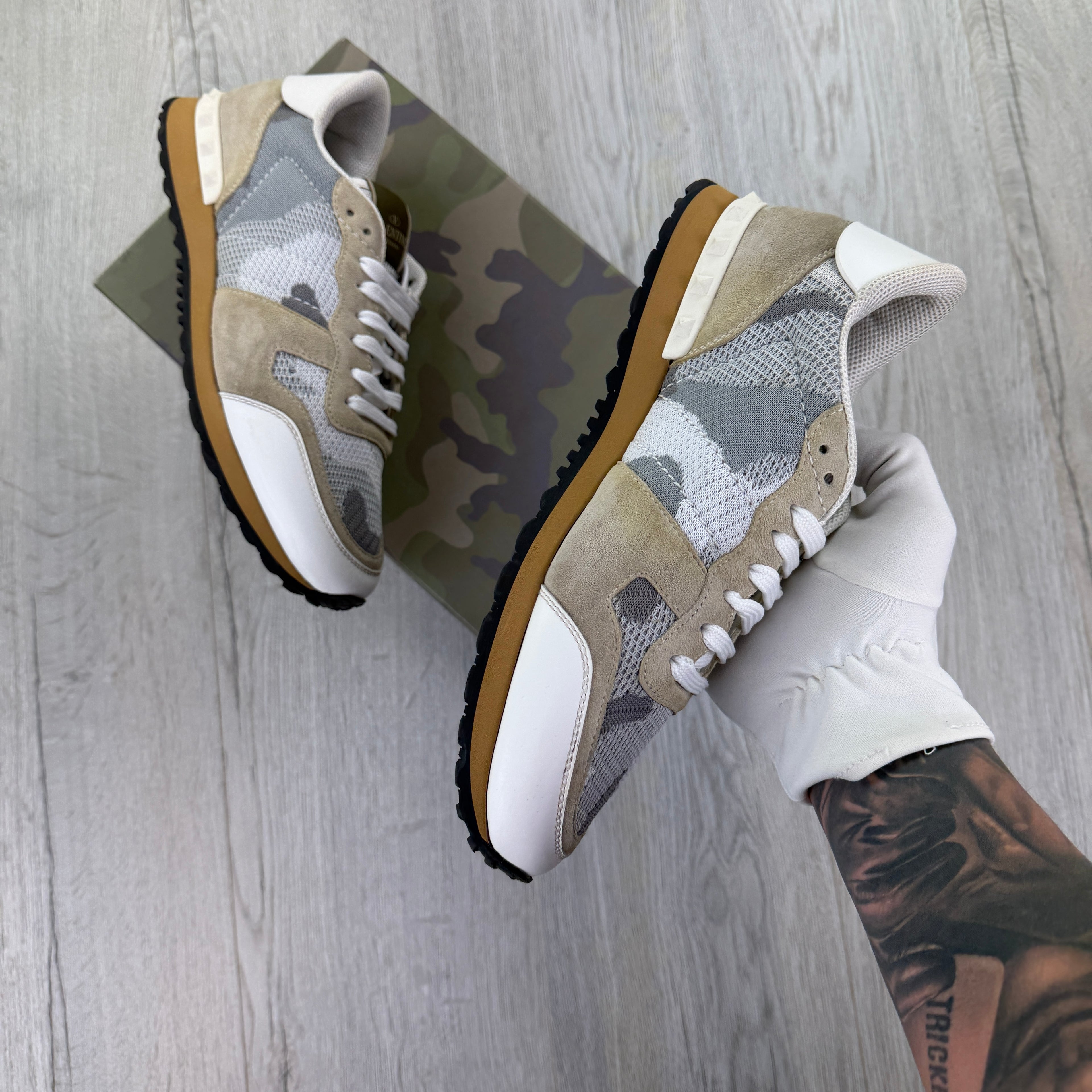 Valentino Men’s Beige & White Camo Mesh Rockrunner Trainers - UK 8