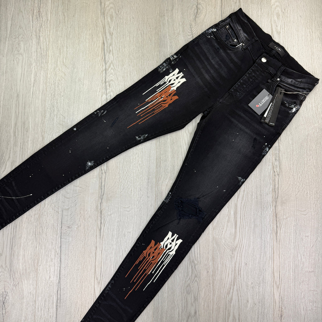 Amiri Men’s MX1 MA Logo Drip Black Distressed Jeans