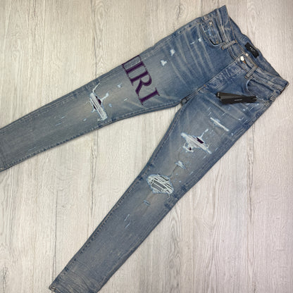 Amiri MX1 Men’s Blue Distressed Jeans With Purple Side Logo - Uk 32