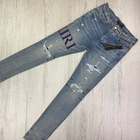Amiri MX1 Men’s Blue Distressed Jeans With Purple Side Logo - Uk 32