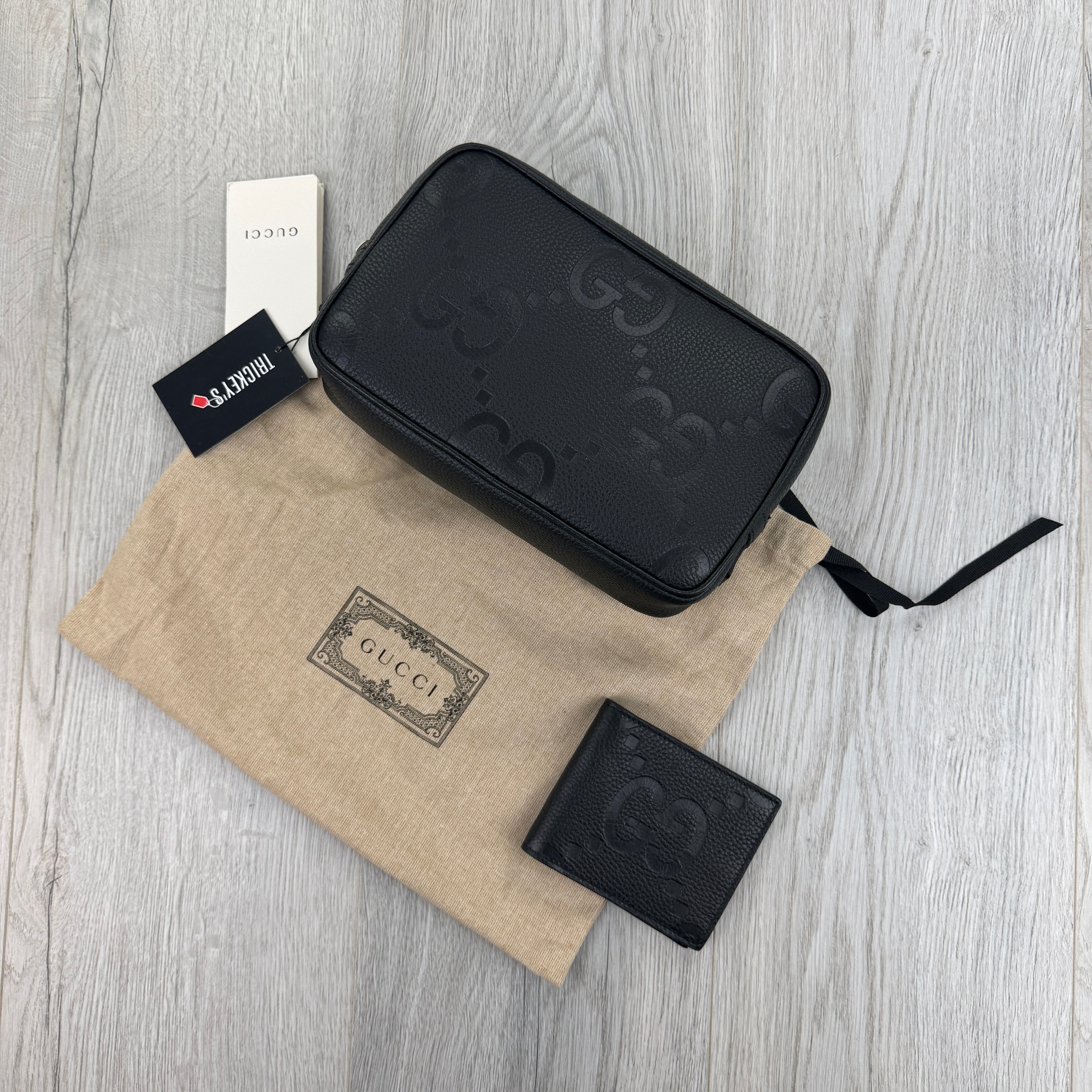 Gucci Jumbo GG Black Leather Toiletry / Travel Bag & Jumbo Wallet