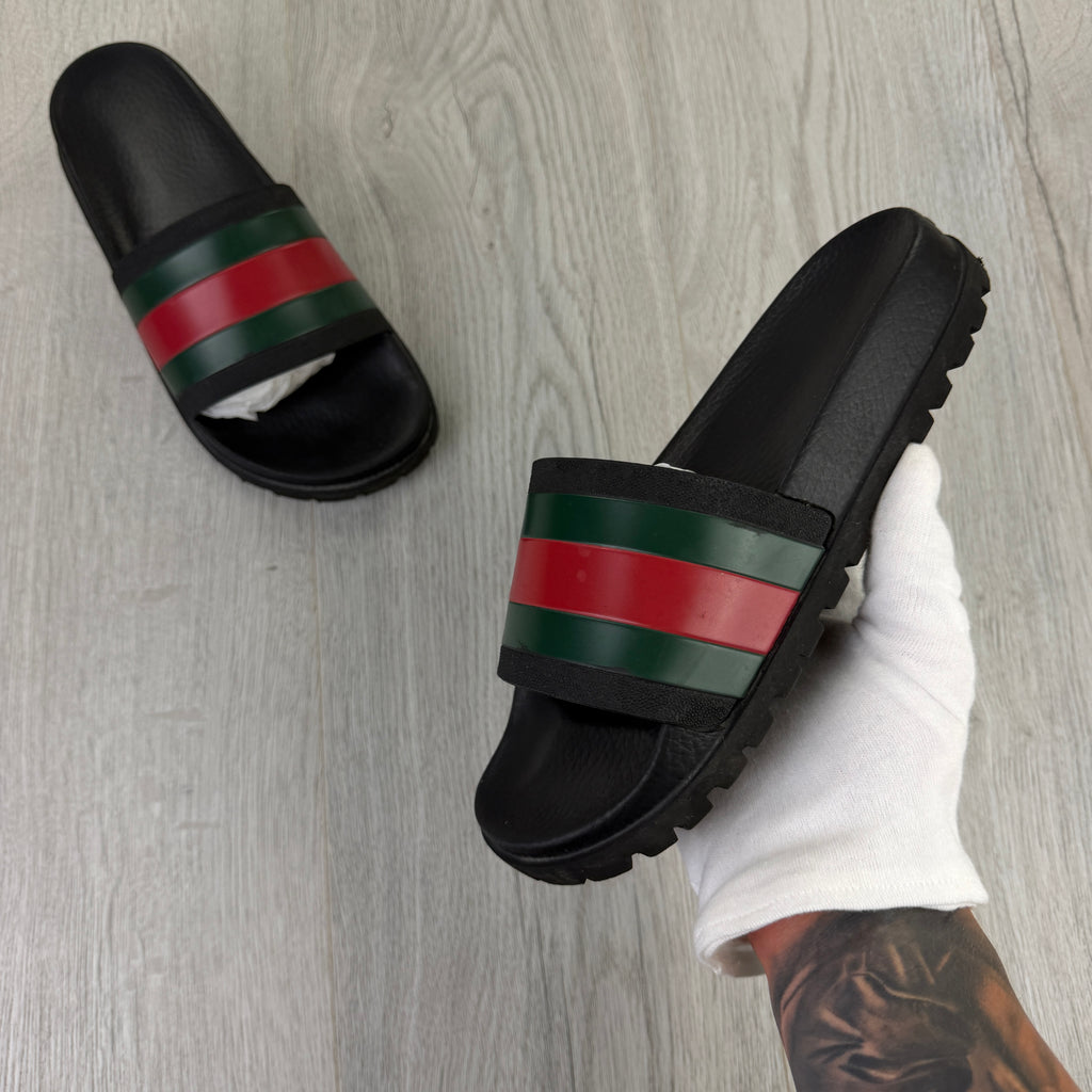 Gucci Men’s Black Web Stripe Sliders - UK 7