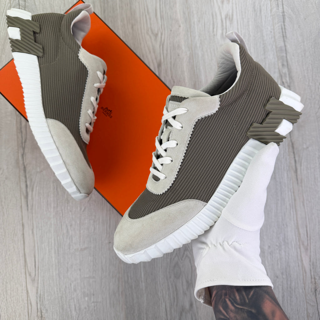Hermes Men’s Suede Cream/Brown Bouncing Sneakers - Uk 9.5