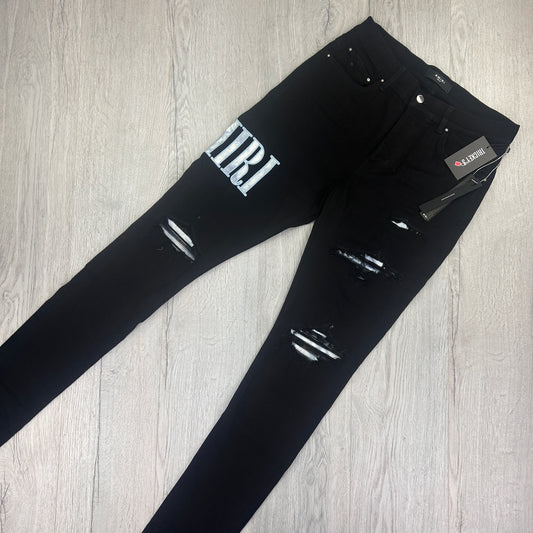 Amiri MX1 Men’s Black Distressed Jeans With Blue Side Logo