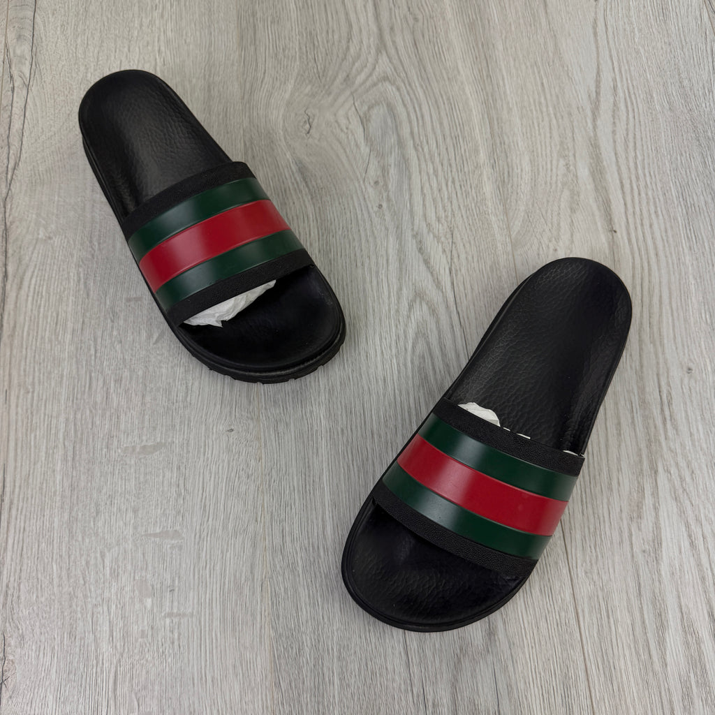 Gucci Men’s Black Web Stripe Sliders - UK 7