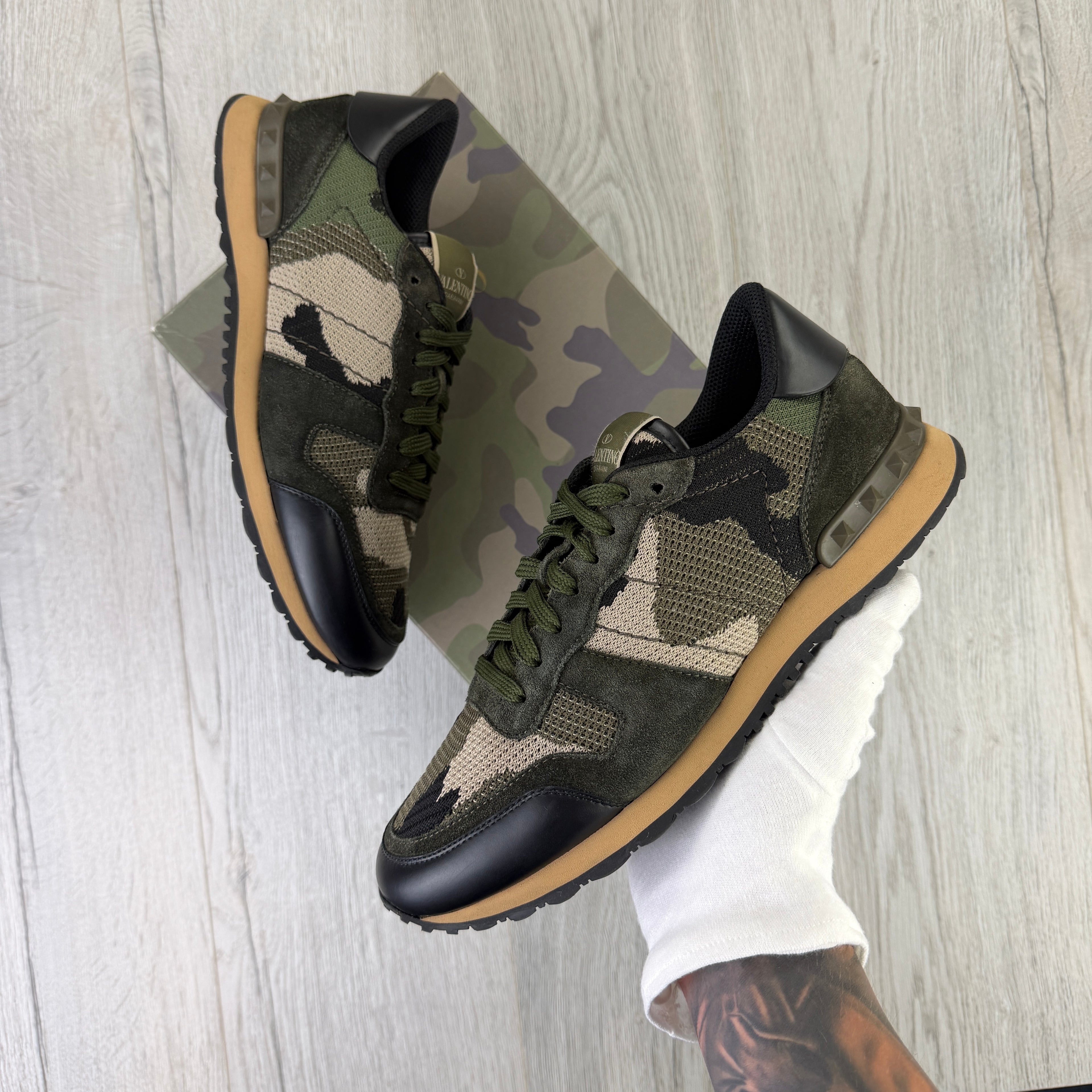 Valentino Men’s Khaki Camo  Mesh Rockrunner Trainers - Uk 7