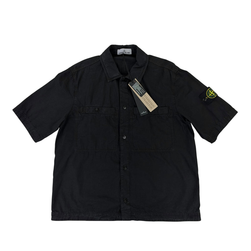 Stone Island Men’s Black Button Up Short Sleeve Shirt With Badge - Medium