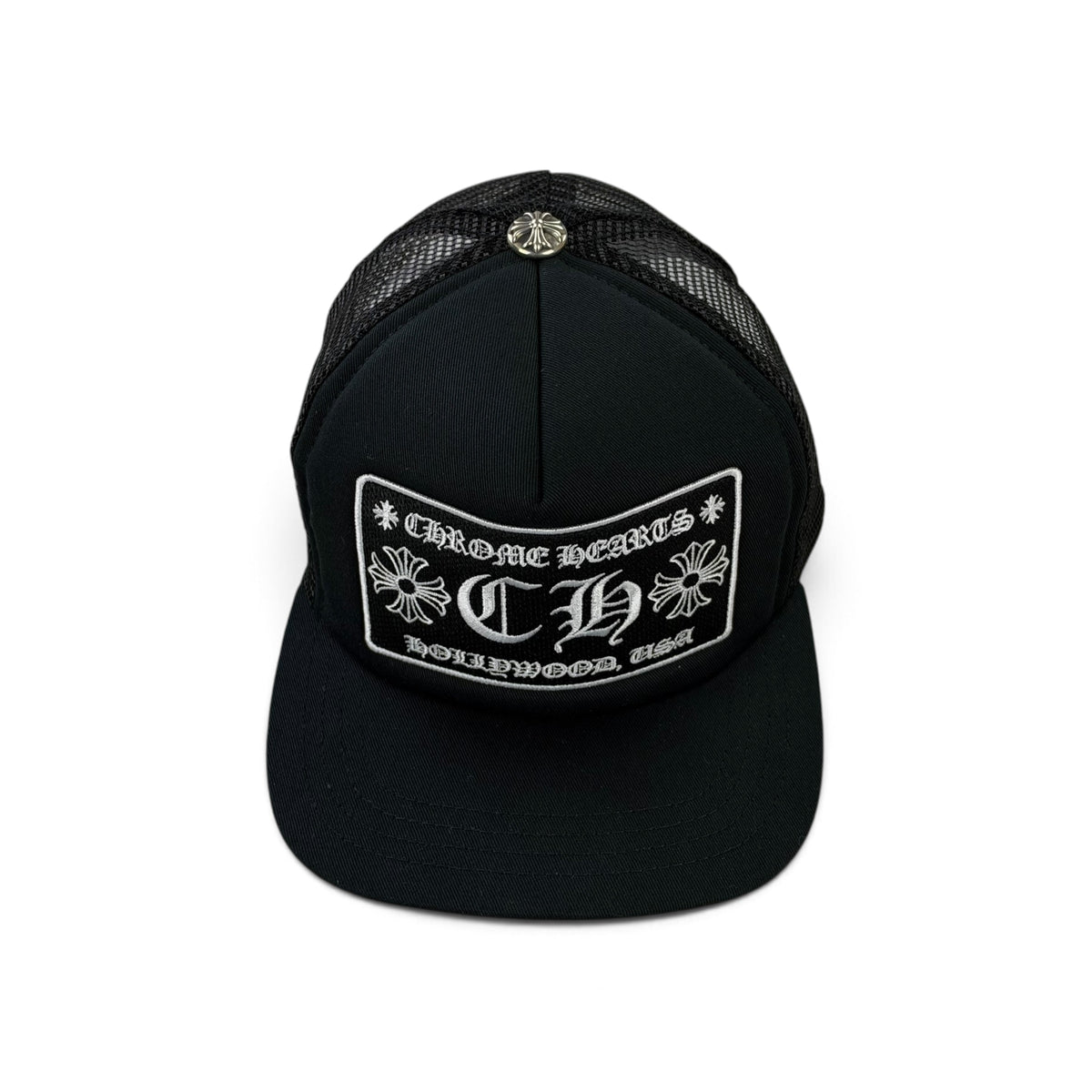 Chrome Hearts Men’s Black CH Hollywood Logo Patch Trucker Cap