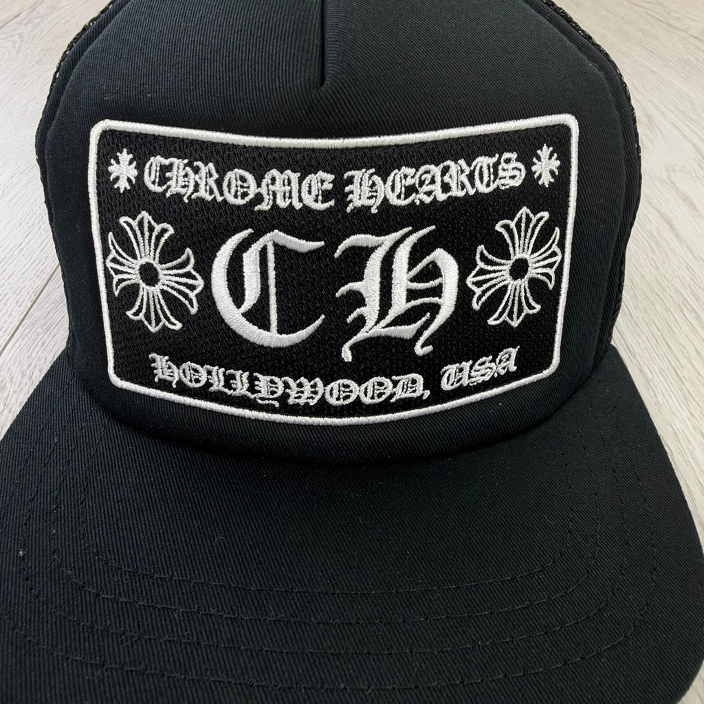 Chrome Hearts Men’s Black CH Hollywood Logo Patch Trucker Cap
