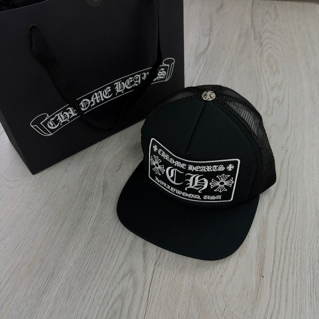 Chrome Hearts Men’s Black CH Hollywood Logo Patch Trucker Cap