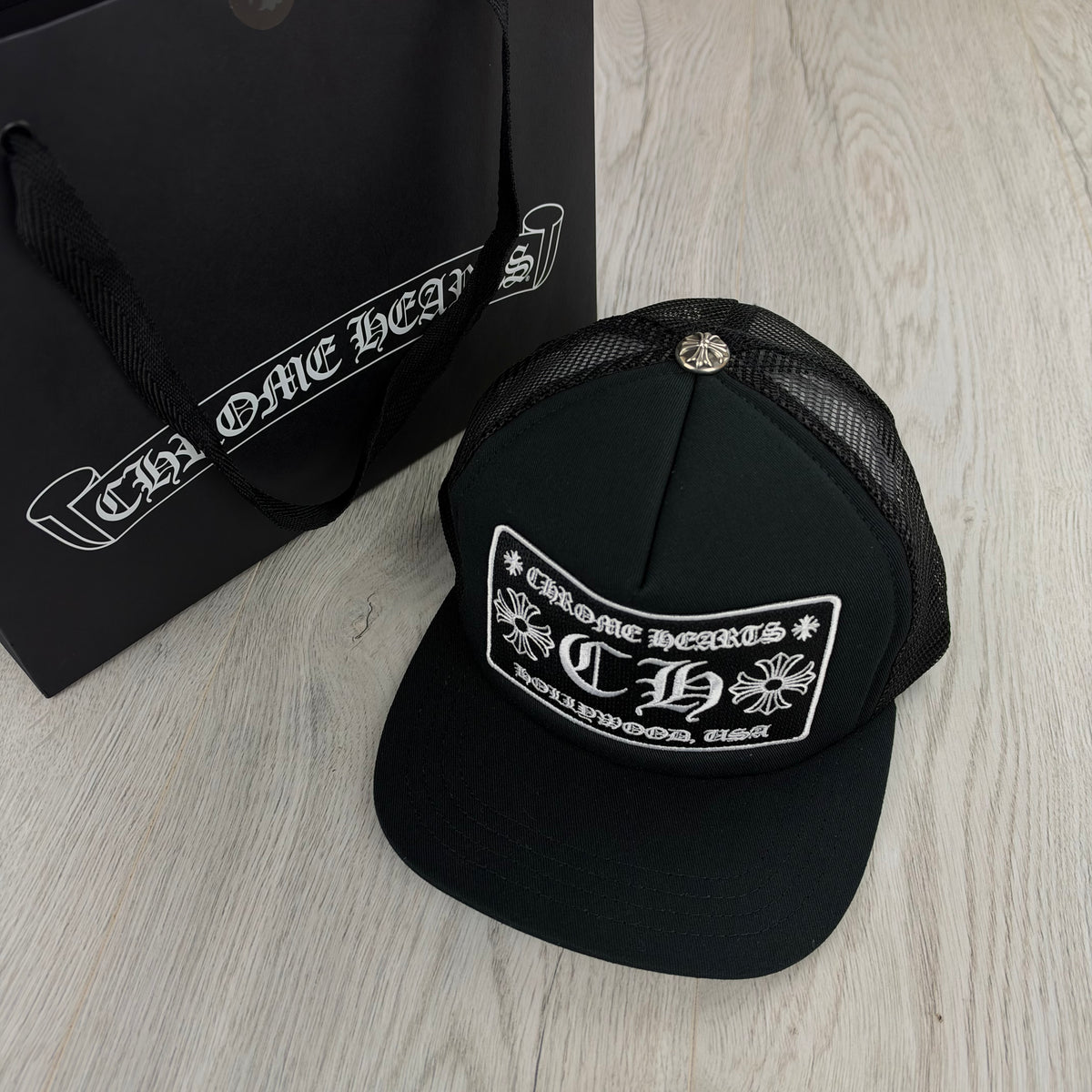 Chrome Hearts Men’s Black CH Hollywood Logo Patch Trucker Cap