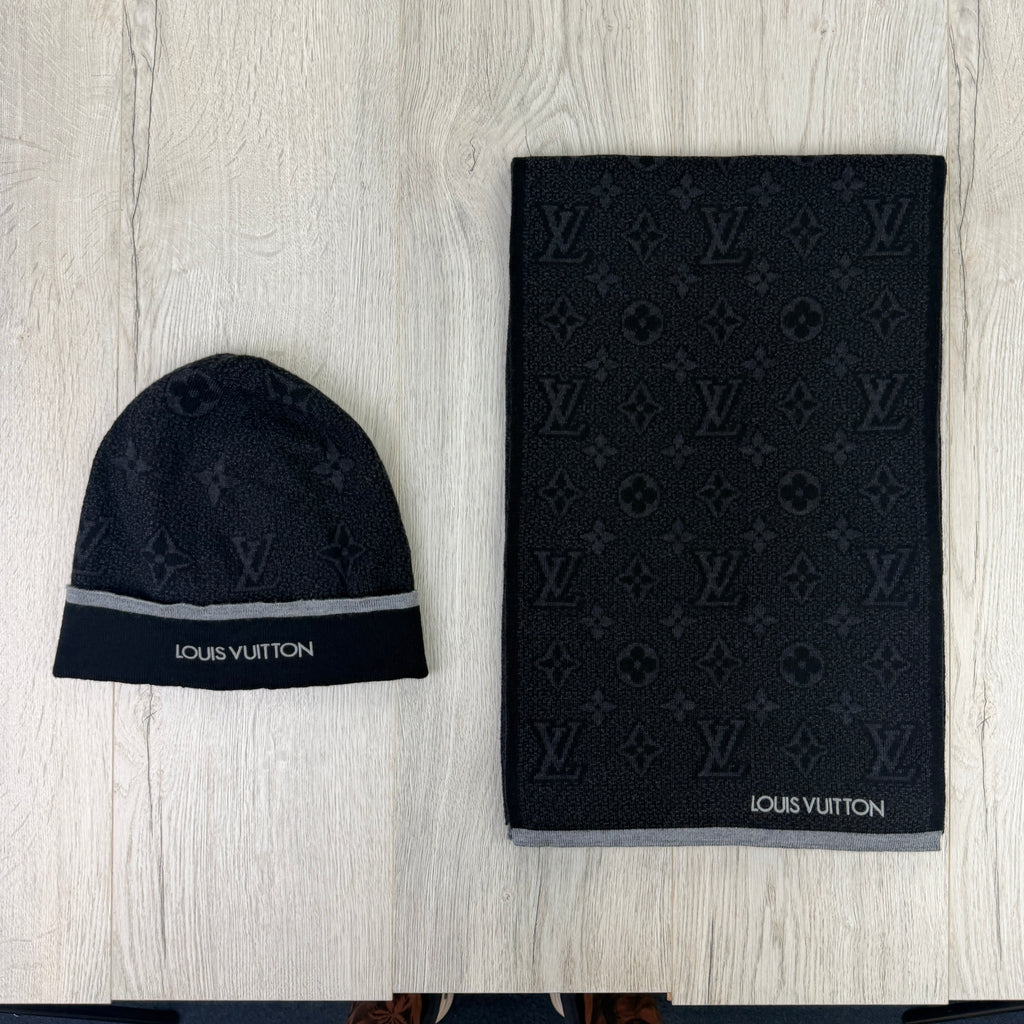 Louis Vuitton Men’s Black Monogram Beanie & Scarf Set