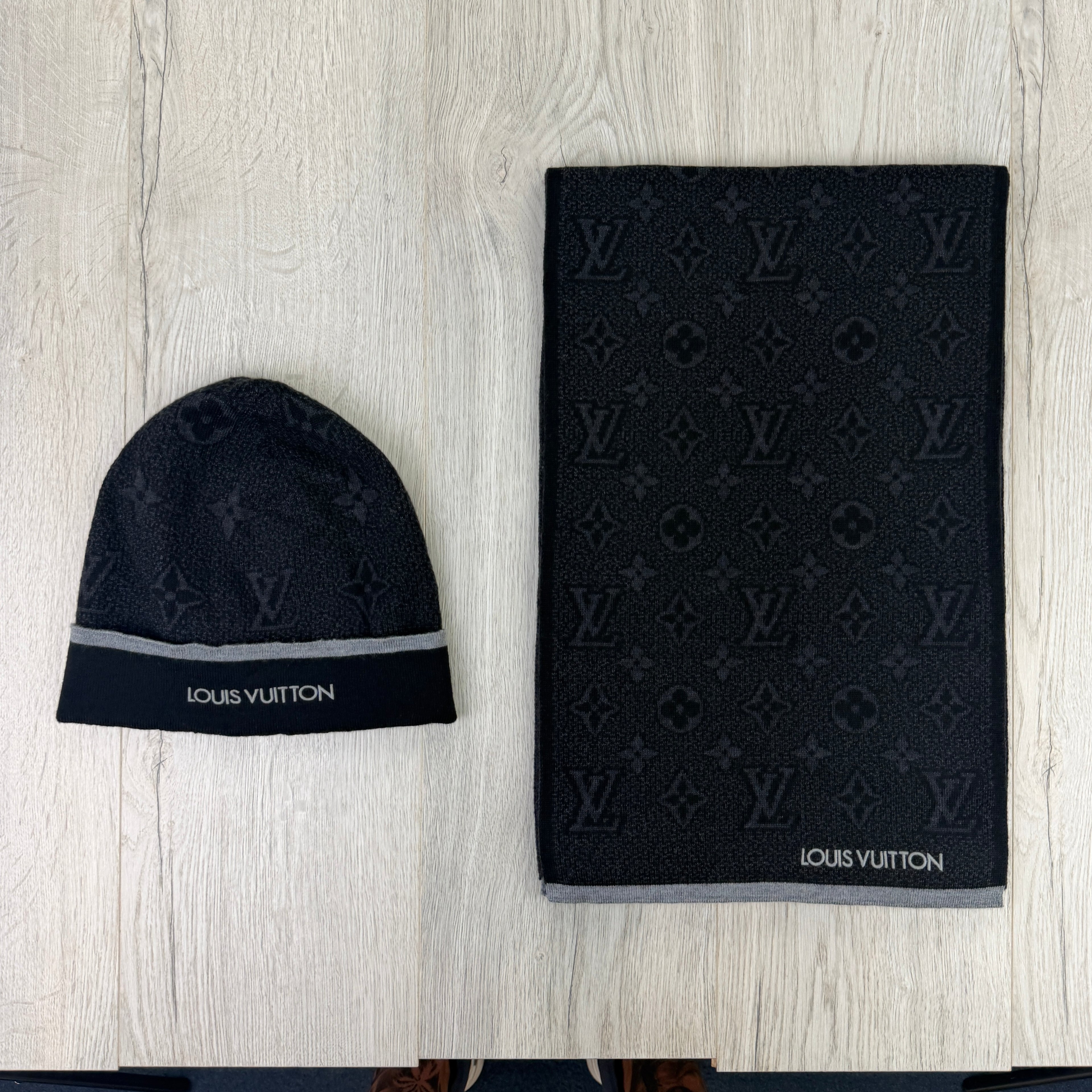 Louis Vuitton Men’s Black Monogram Beanie & Scarf Set