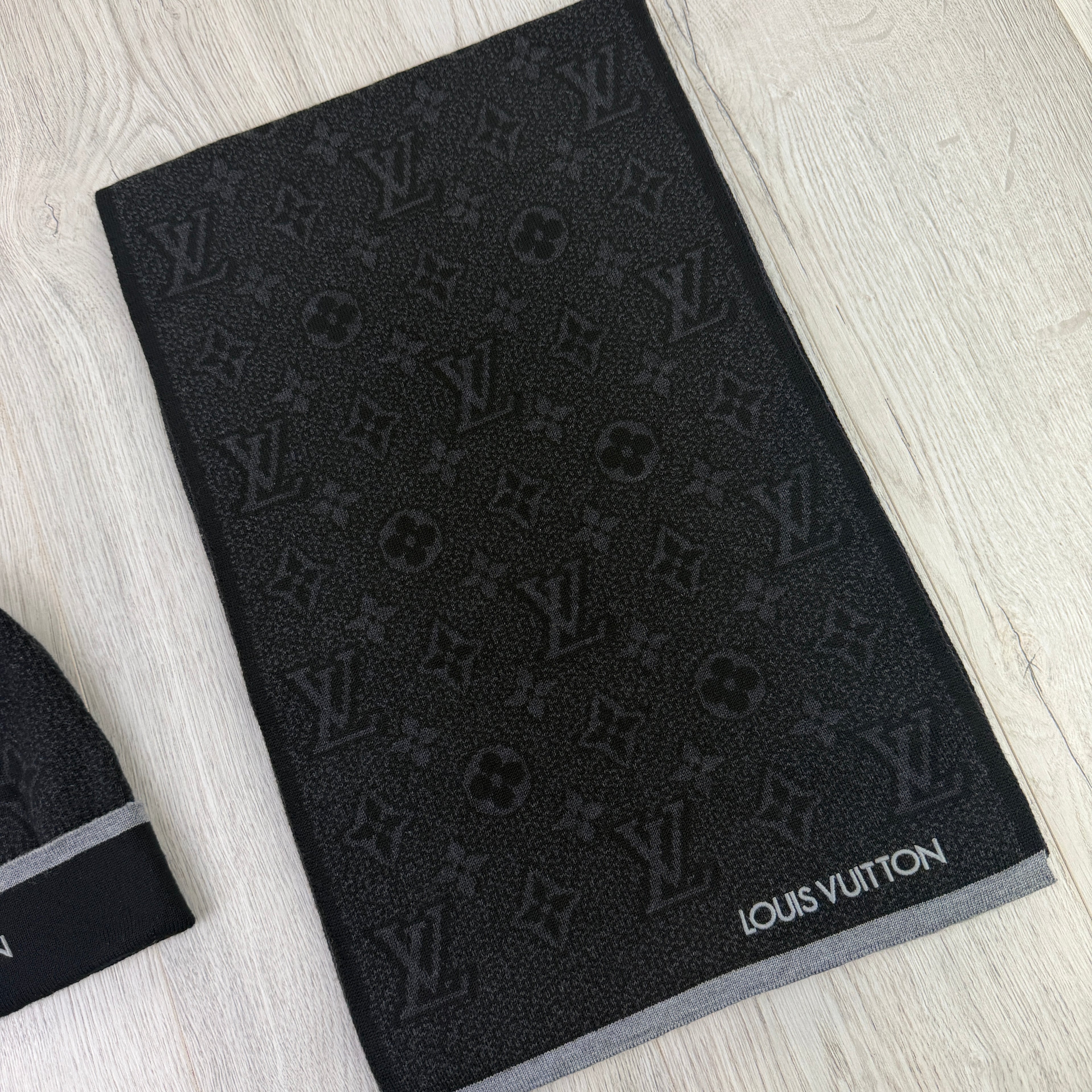 Louis Vuitton Men’s Black Monogram Beanie & Scarf Set